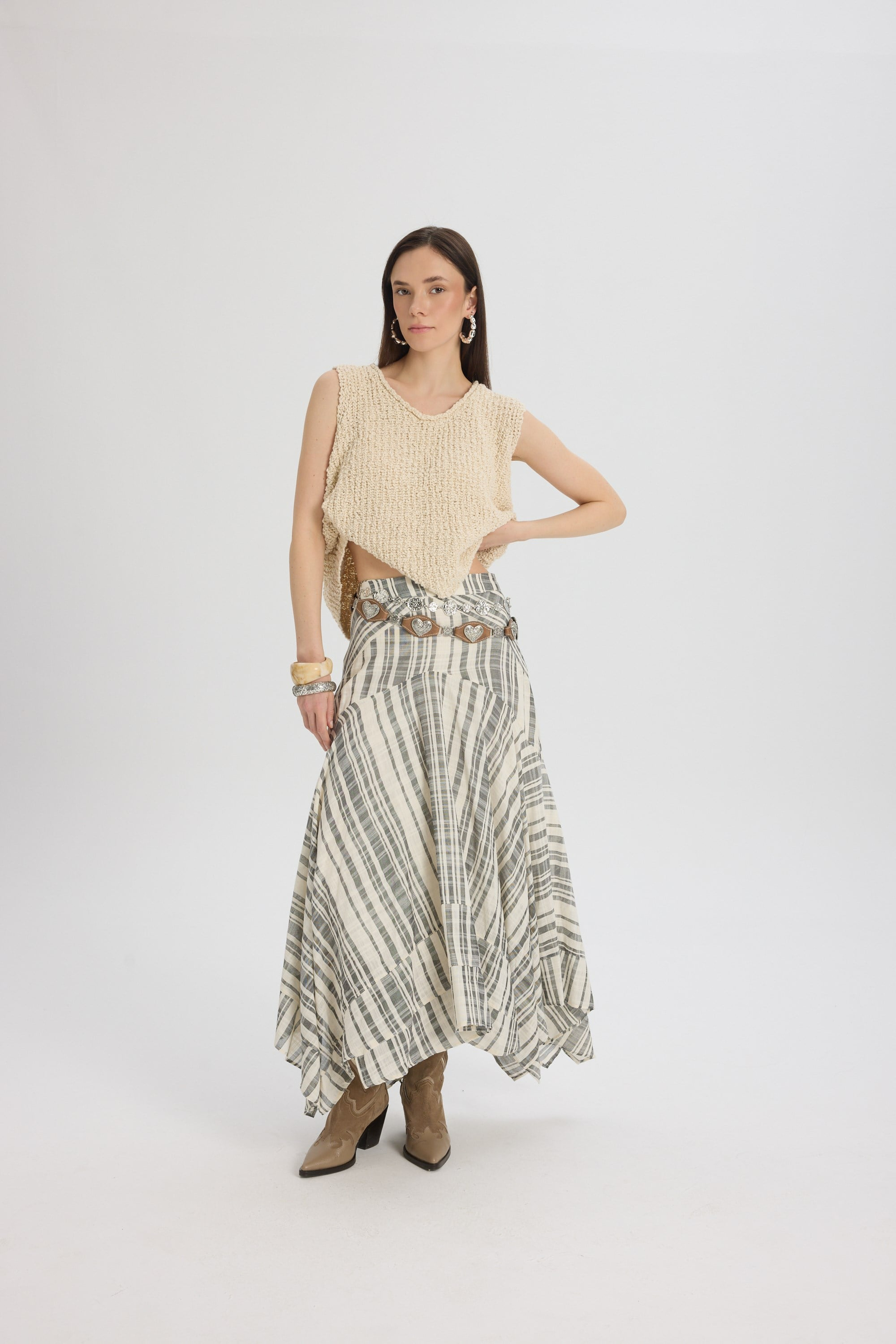 Peigi Striped Paneled Black Midi Skirt