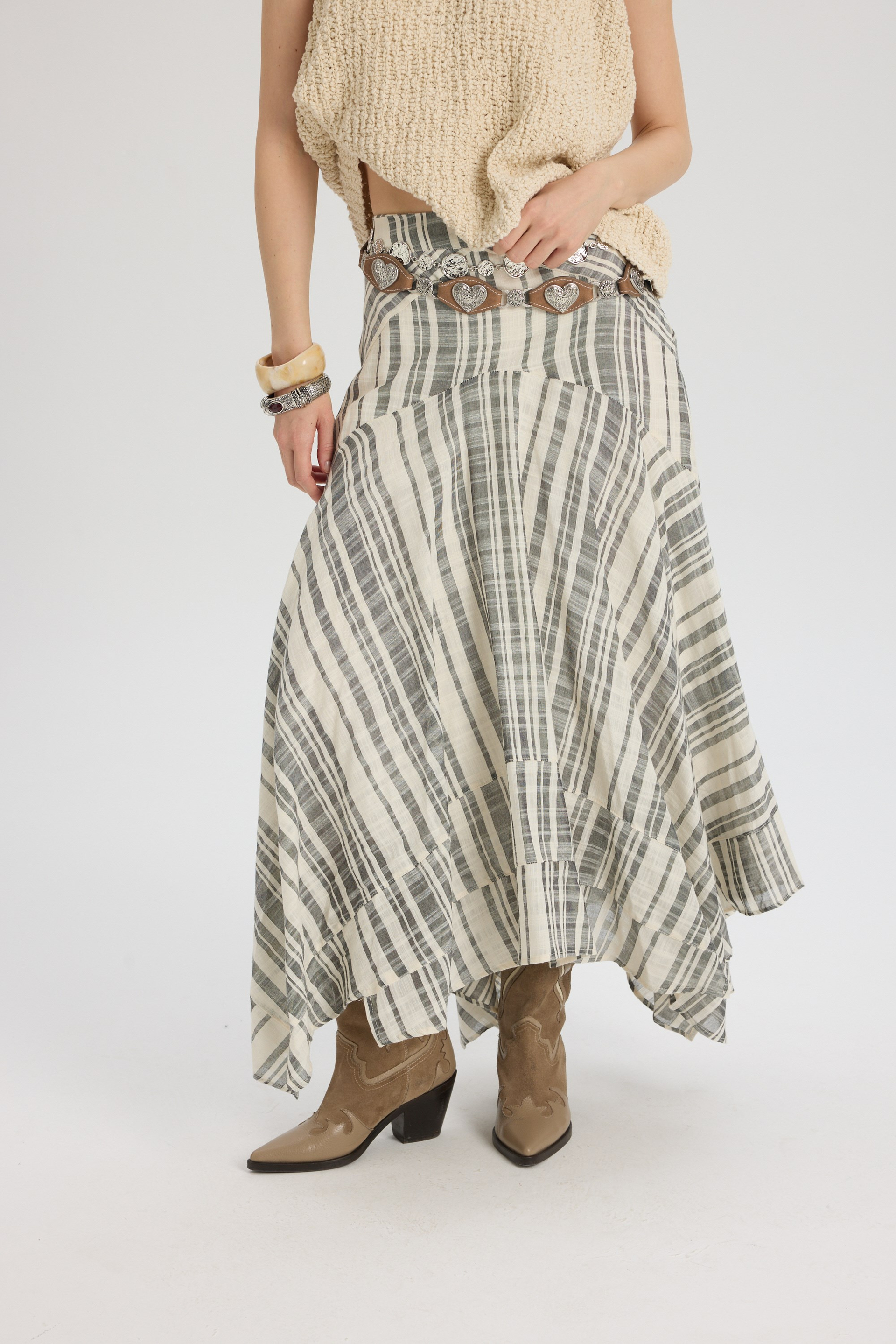 Peigi Striped Paneled Black Midi Skirt