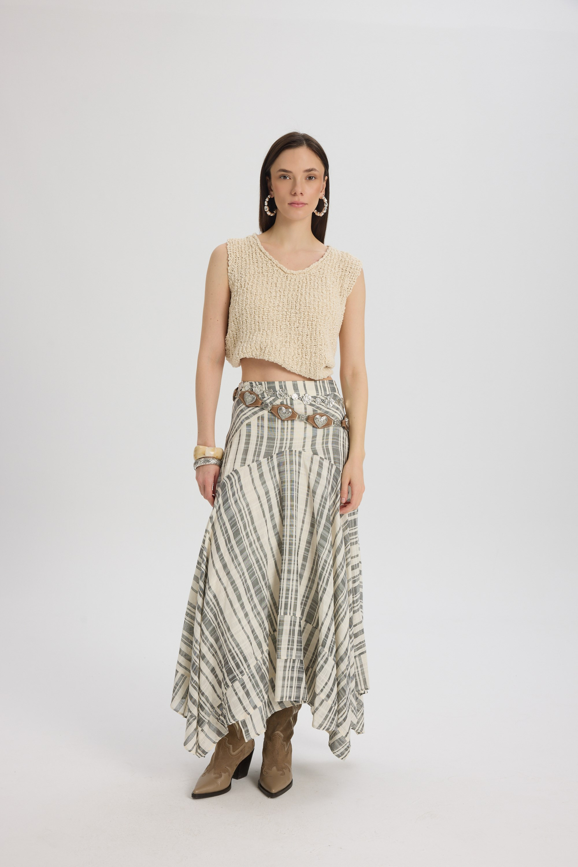 Peigi Striped Paneled Black Midi Skirt