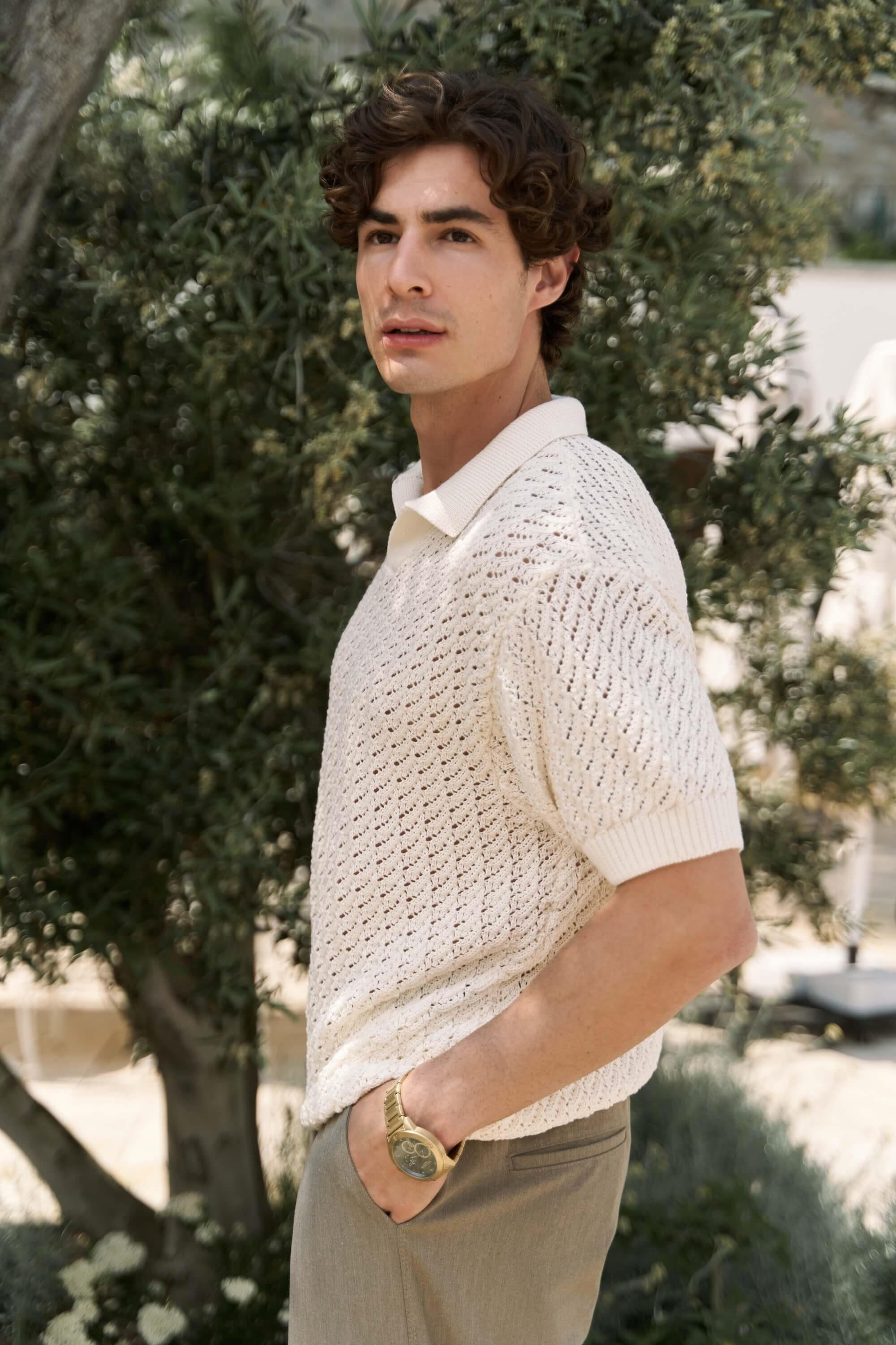 Peter Men's Polo Collar Ecru Knit T-Shirt