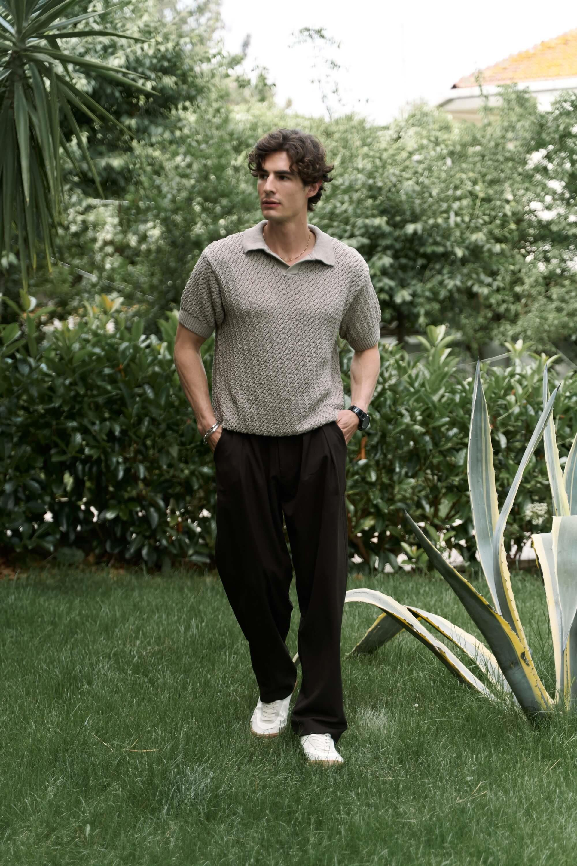 Peter Men's Polo Collar Brown Knit T-Shirt