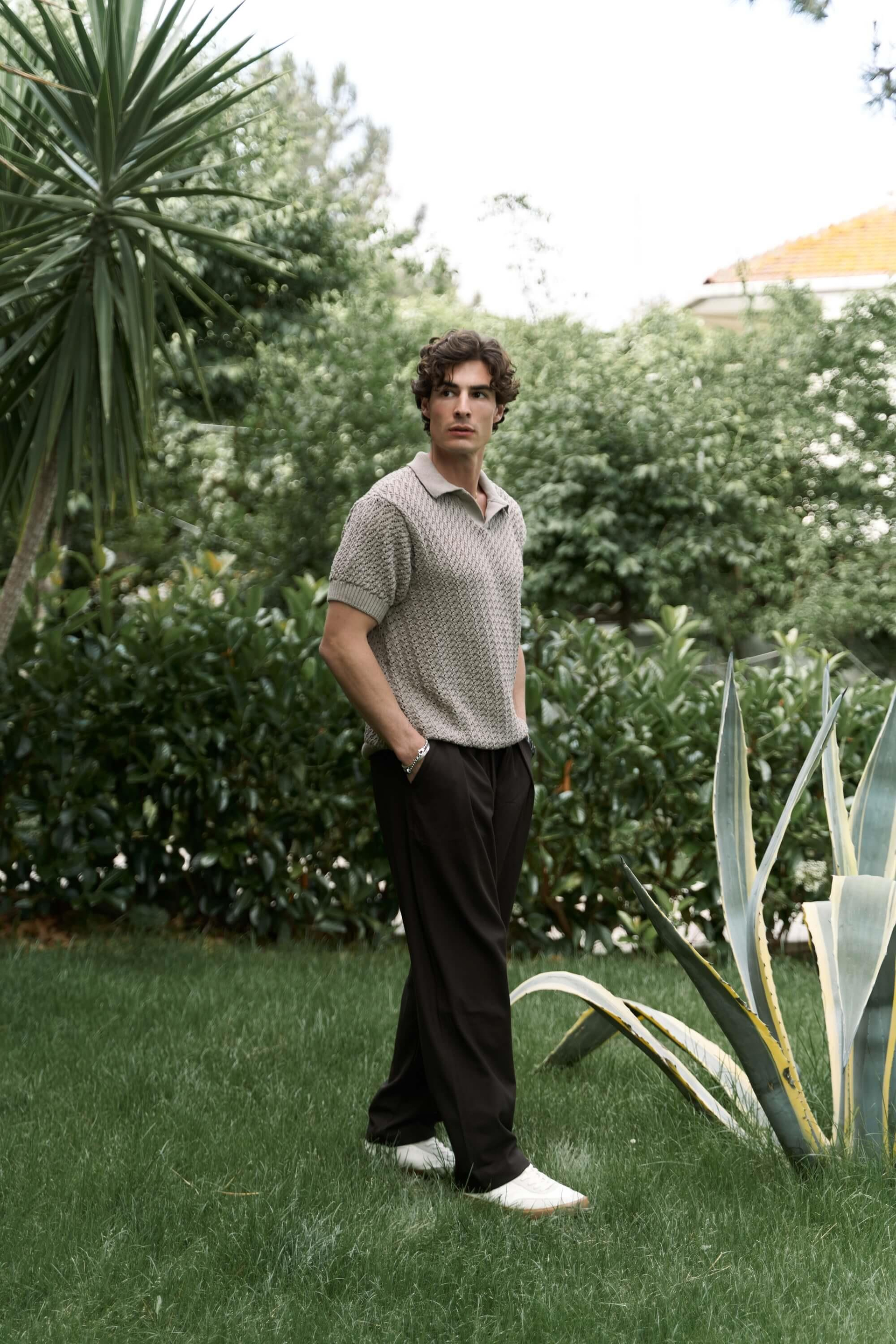 Peter Men's Polo Collar Brown Knit T-Shirt