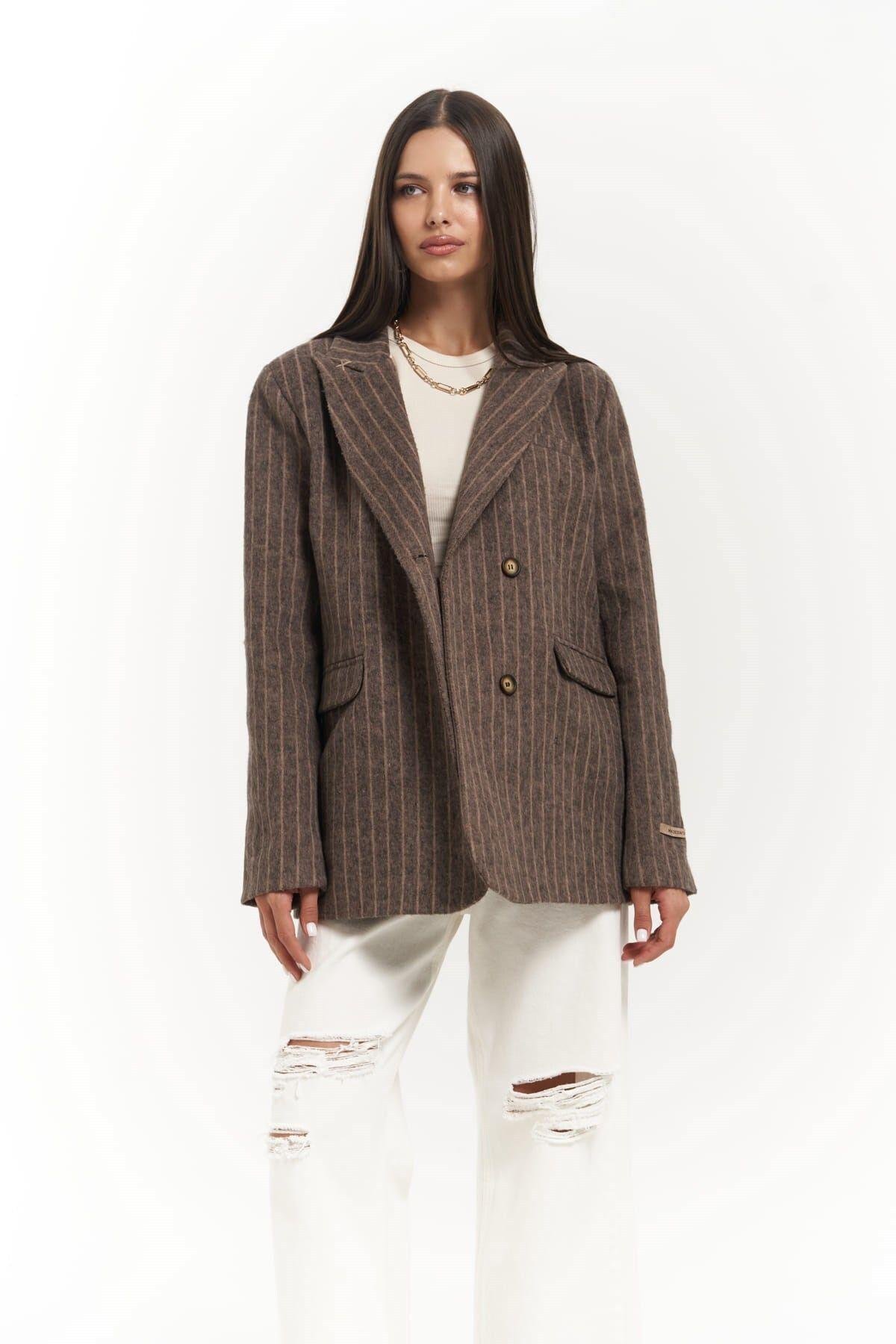 Peters Striped Brown Blazer with Stitch Details