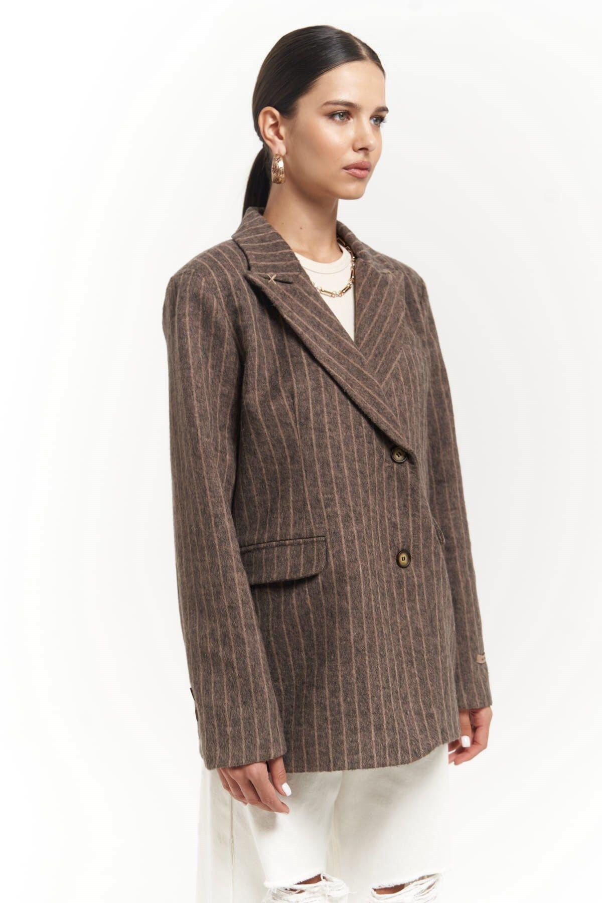 Peters Striped Brown Blazer with Stitch Details