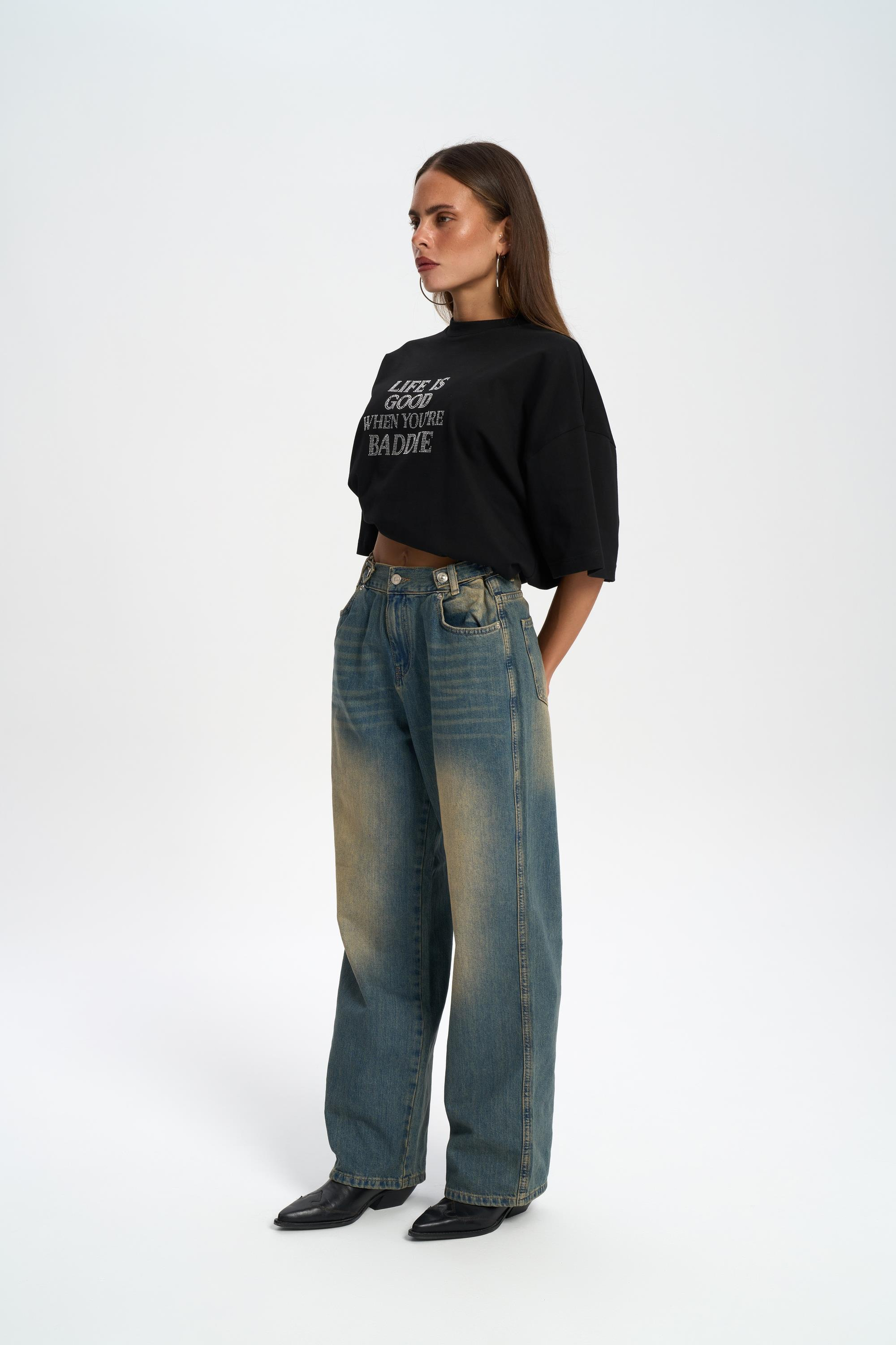 Port Waist Detail Dusty Blue Jean Pants