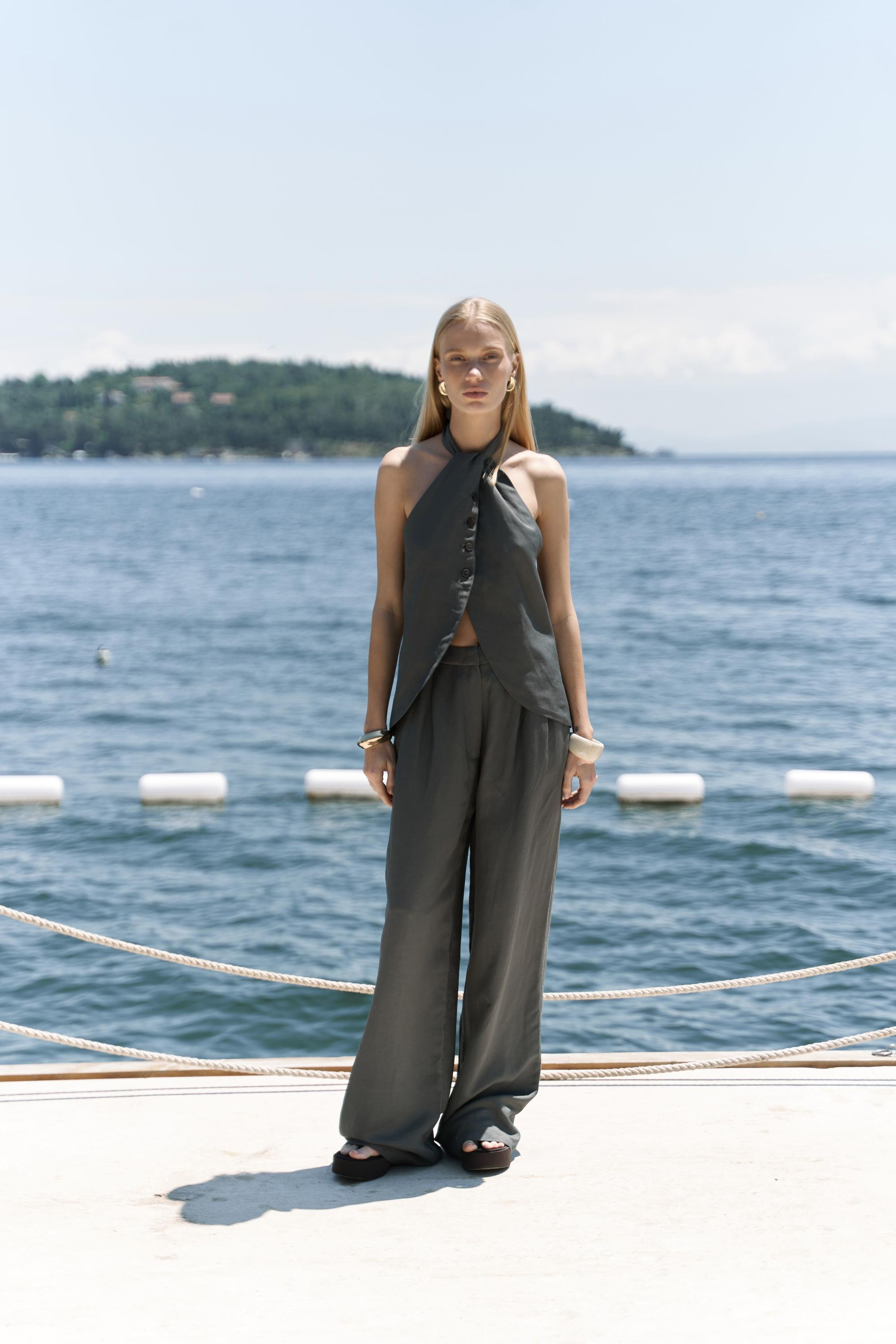 Prasetsah Bağlamalı Antrasit Crop Pantolon Takım