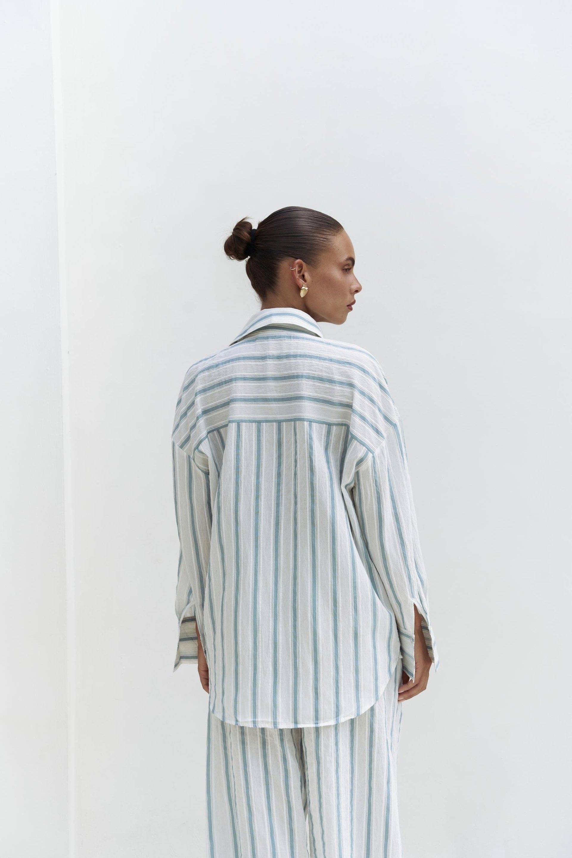 Priskiana Bağcıklı Mavi Pantolon Gömlek Takım