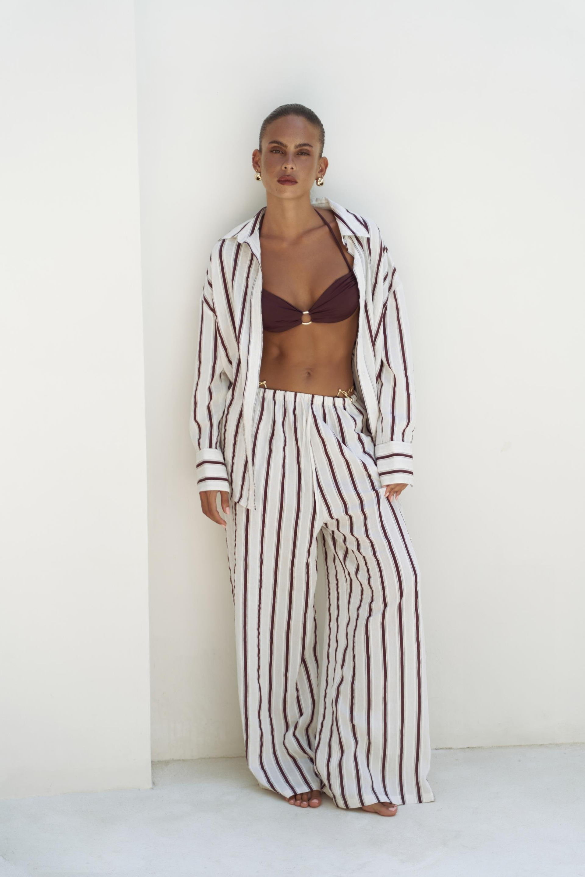 Priskiana Bağcıklı Pantolon Gömlek Takım - BORDO