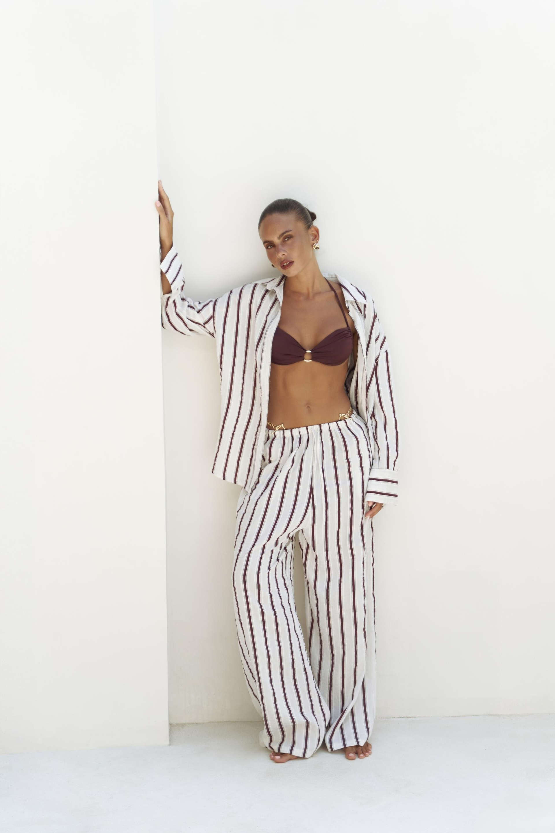 Priskiana Bağcıklı Pantolon Gömlek Takım - BORDO