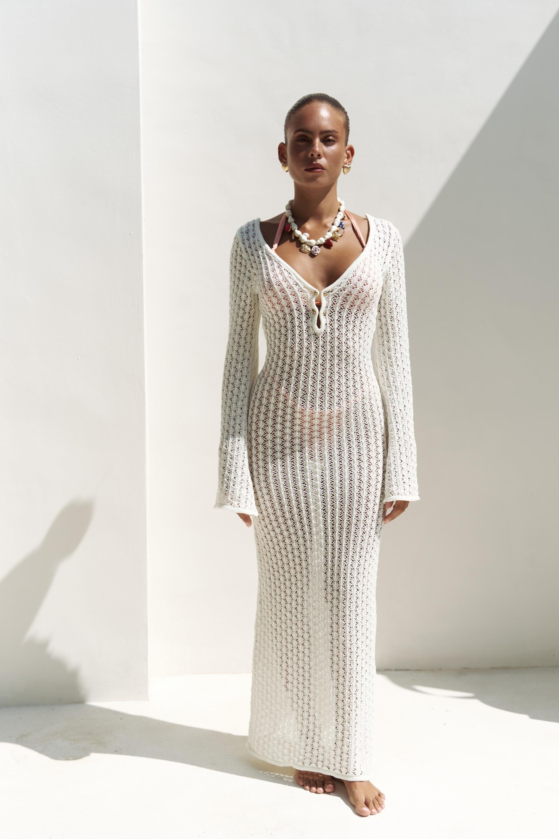 Putra V Yaka Beyaz Triko Uzun Elbise