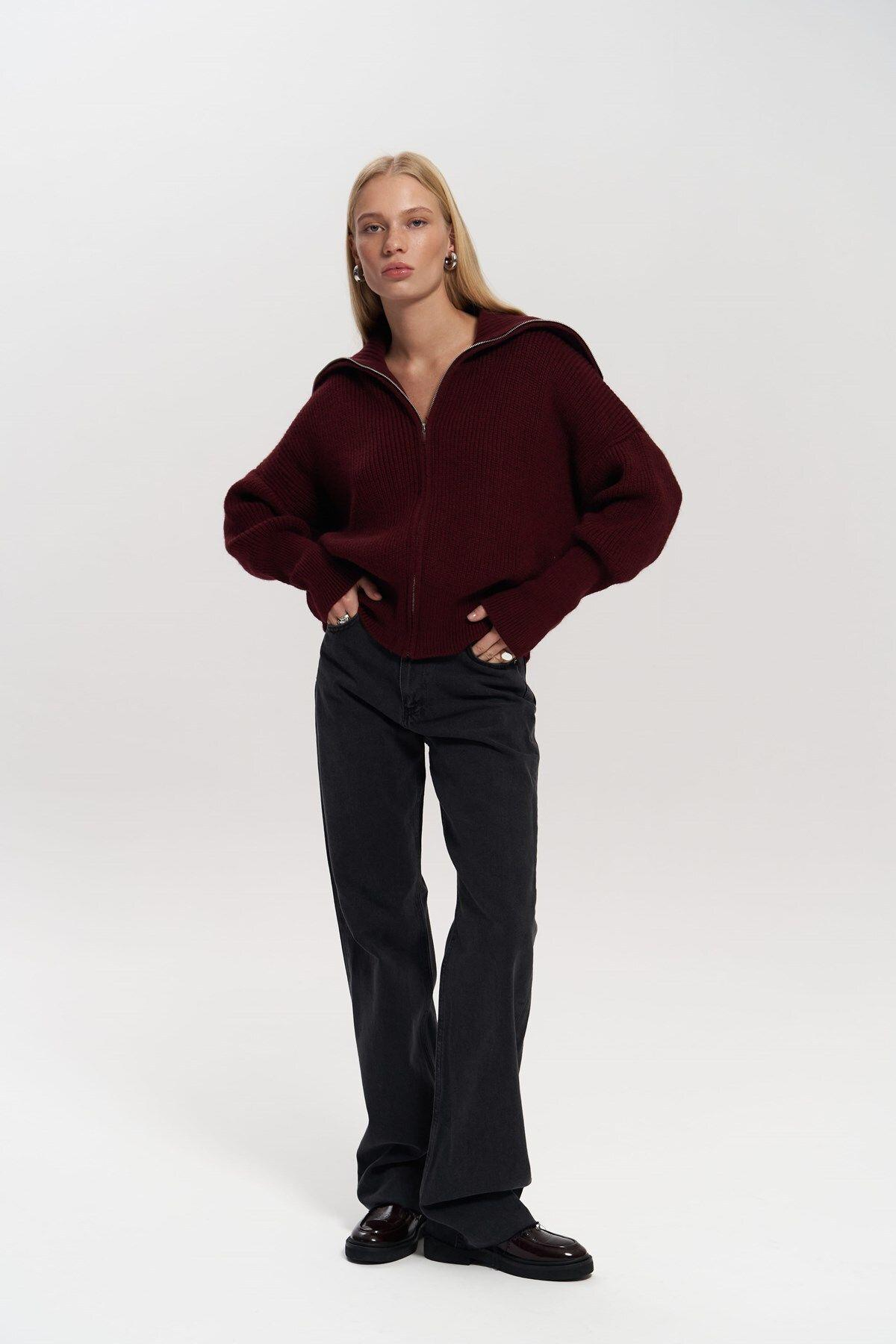 Rafi Burgundy Zip-up Knit Cardigan