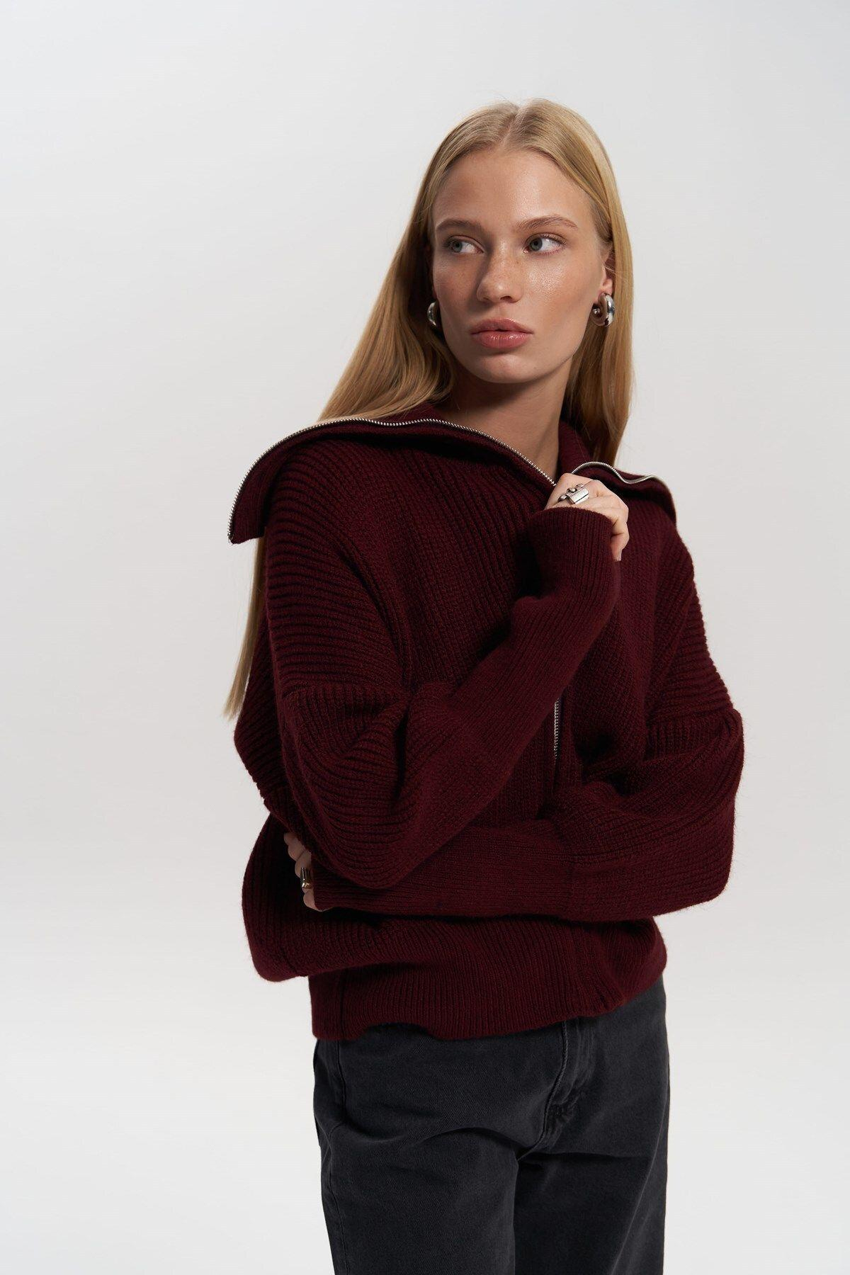 Rafi Burgundy Zip-up Knit Cardigan