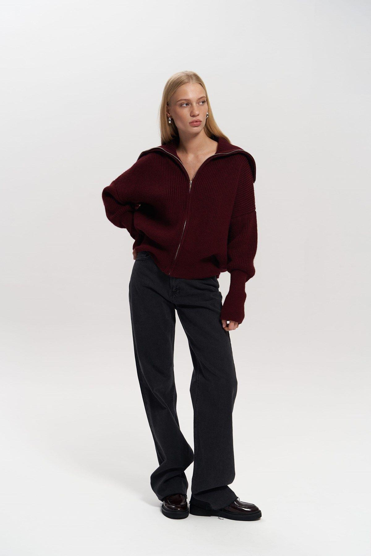Rafi Burgundy Zip-up Knit Cardigan