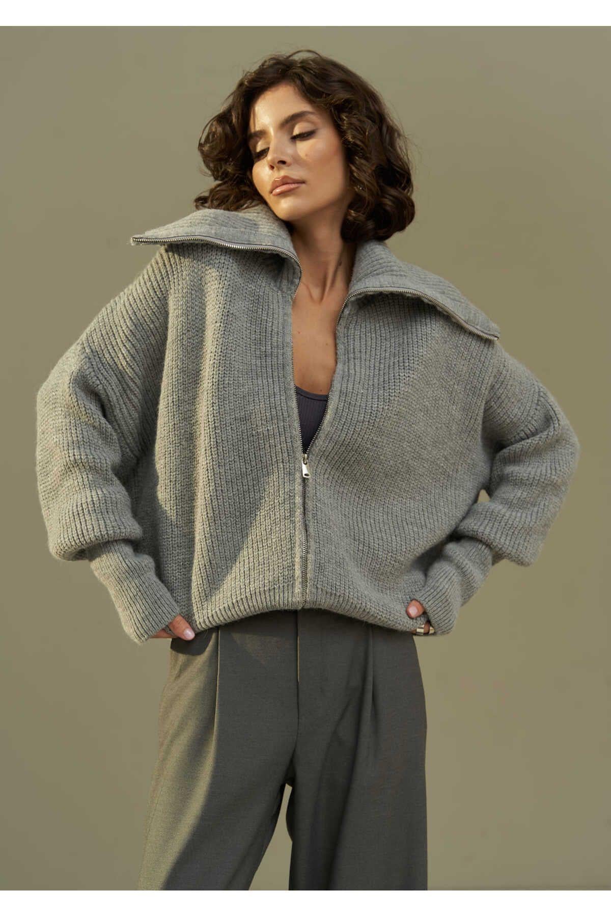 Mai Rafi Smoke Gray Zip-Up Knit Cardigan