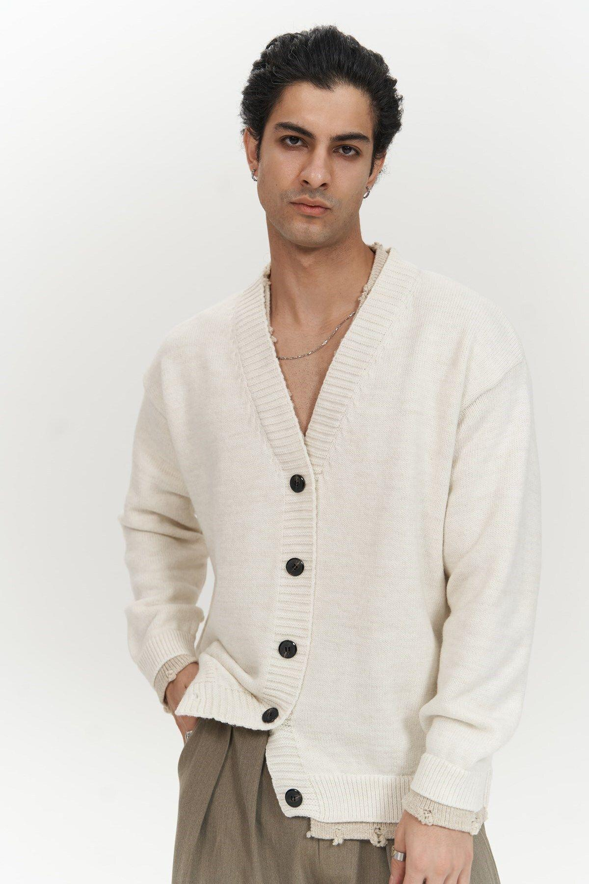 Raid Men's Ecru Double-Collar Knit Cardigan
