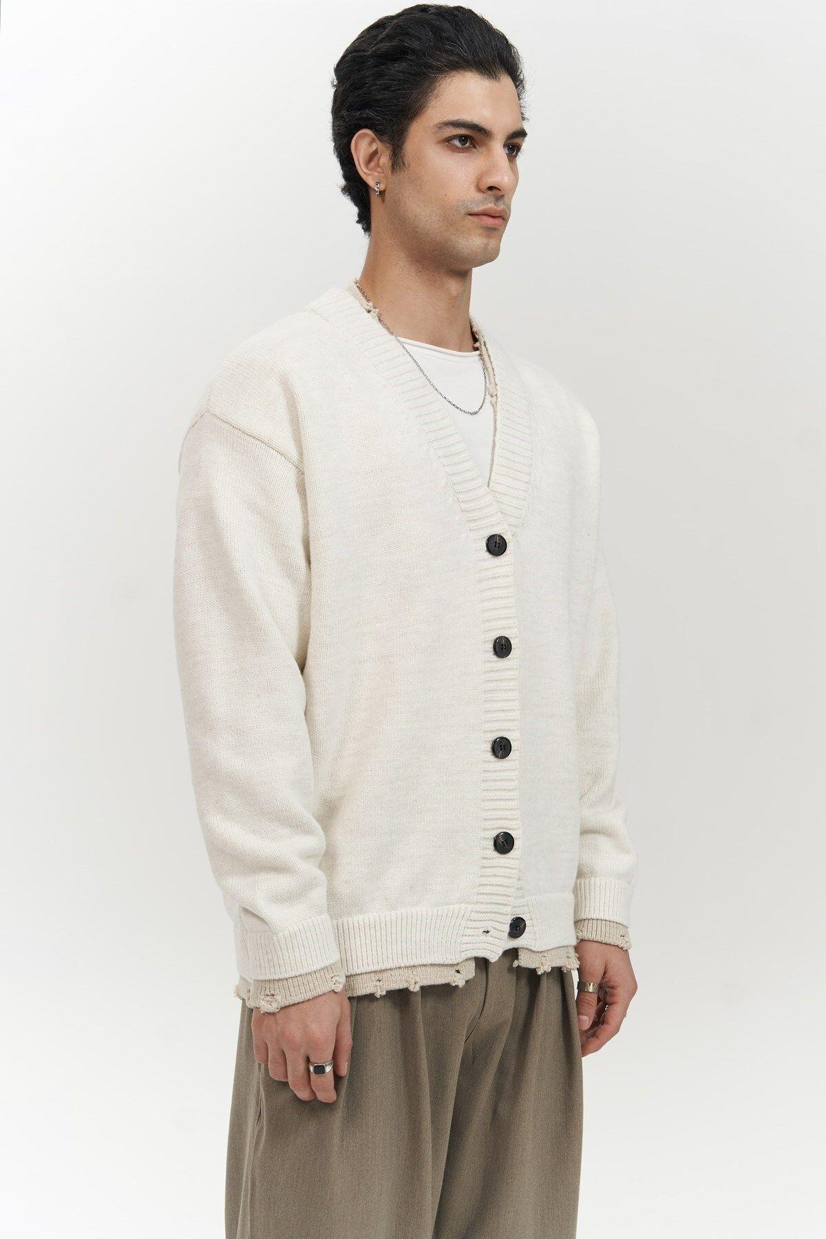 Raid Men's Ecru Double-Collar Knit Cardigan