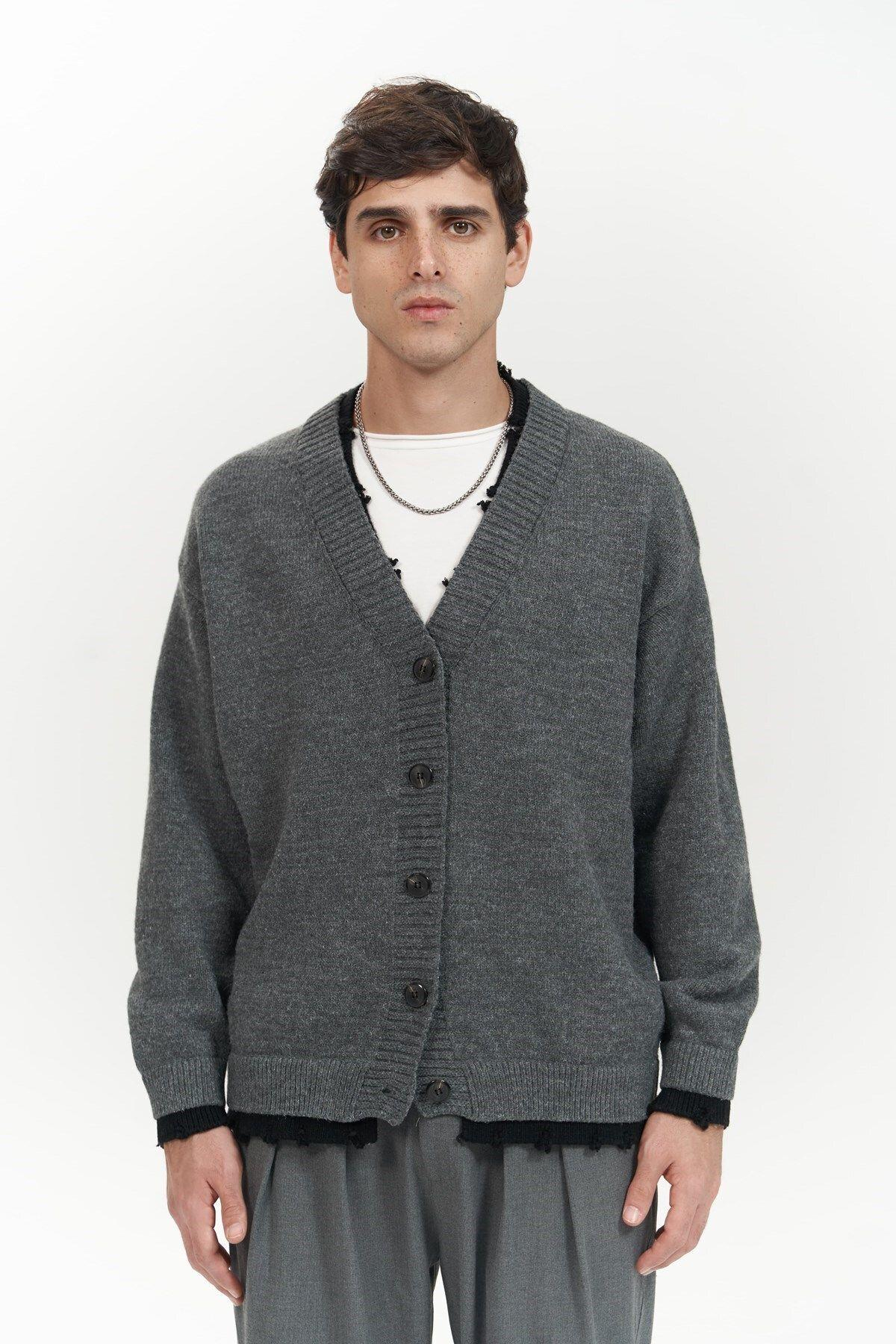 Raid Men's Dark Gray Double-Collar Knit Cardigan