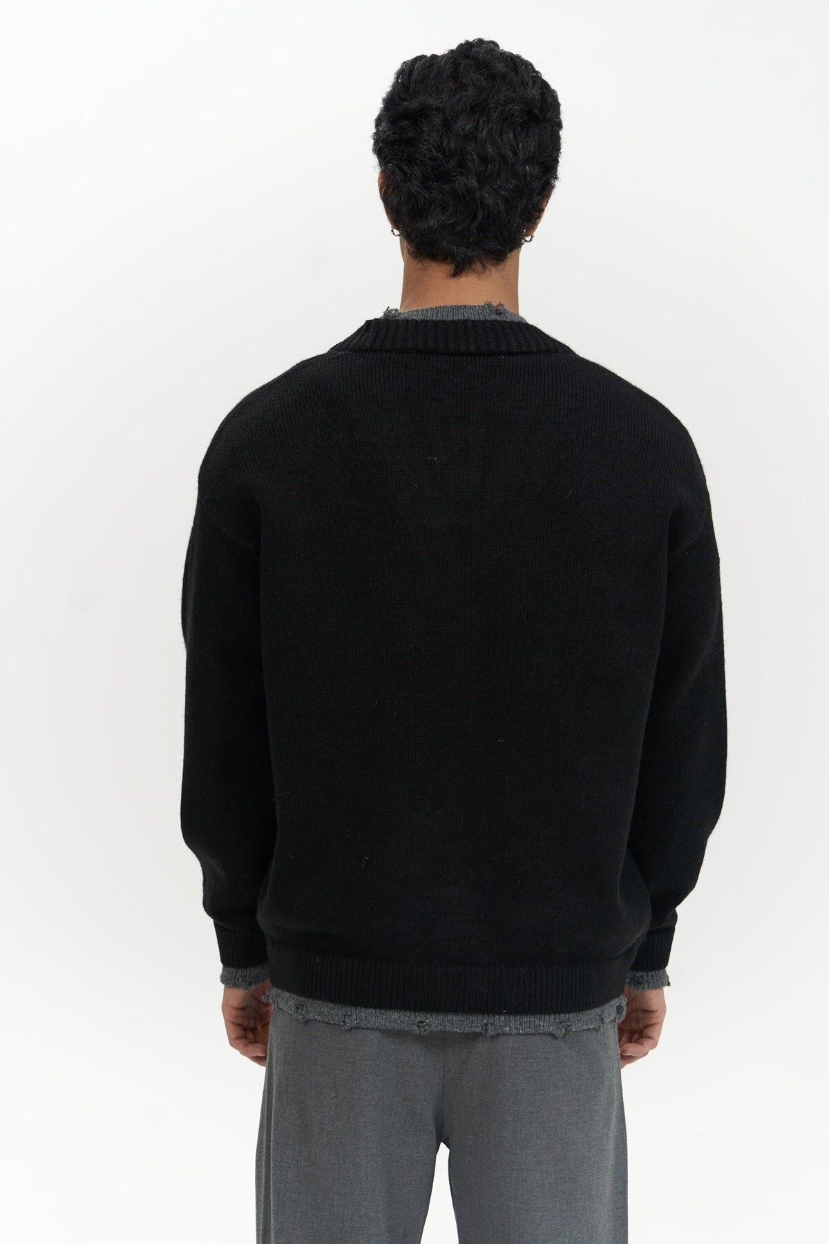 Raid Men's Black Double-Collar Knit Cardigan