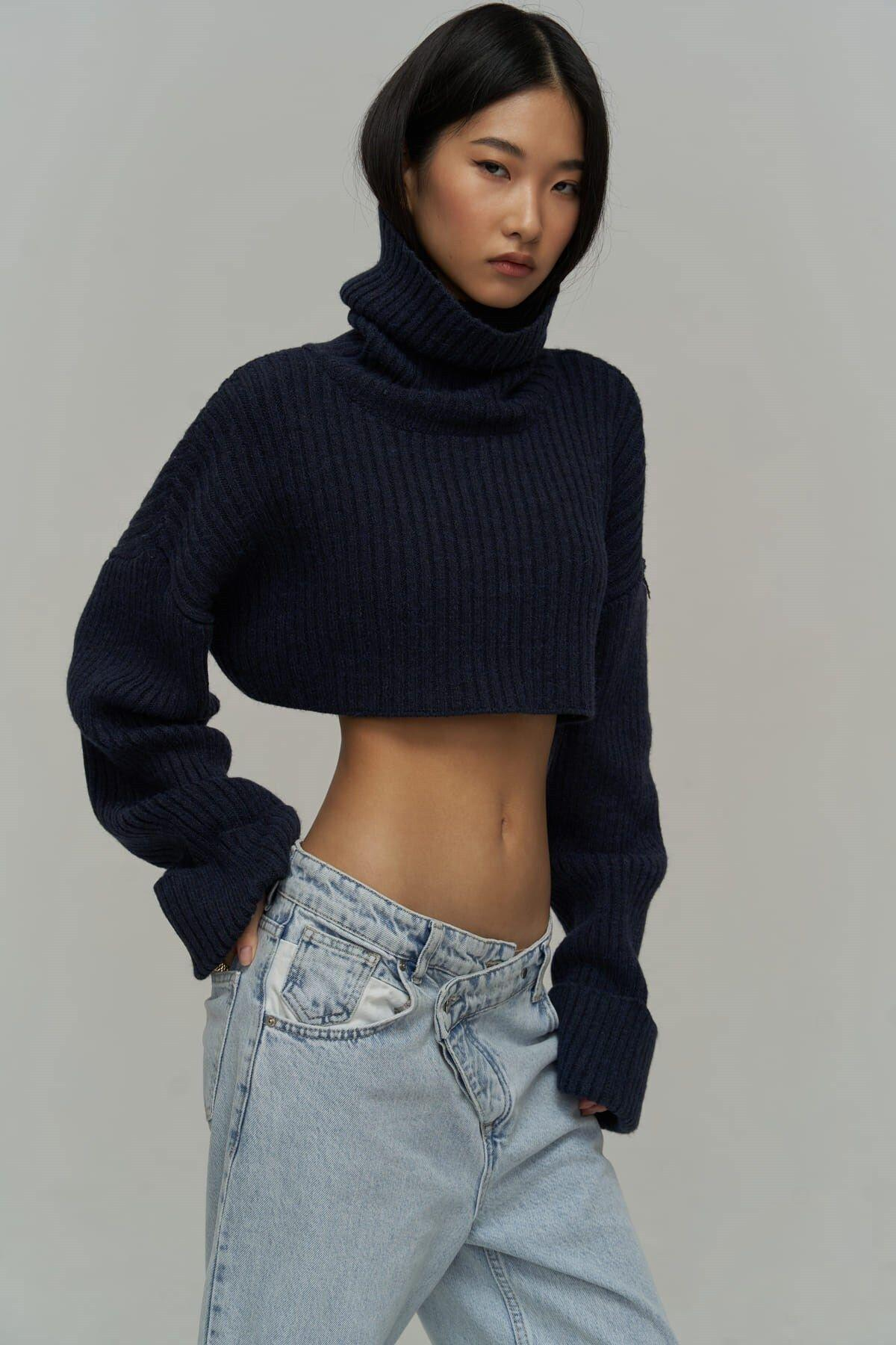 Revue High Neck Dark Blue Crop Sweater