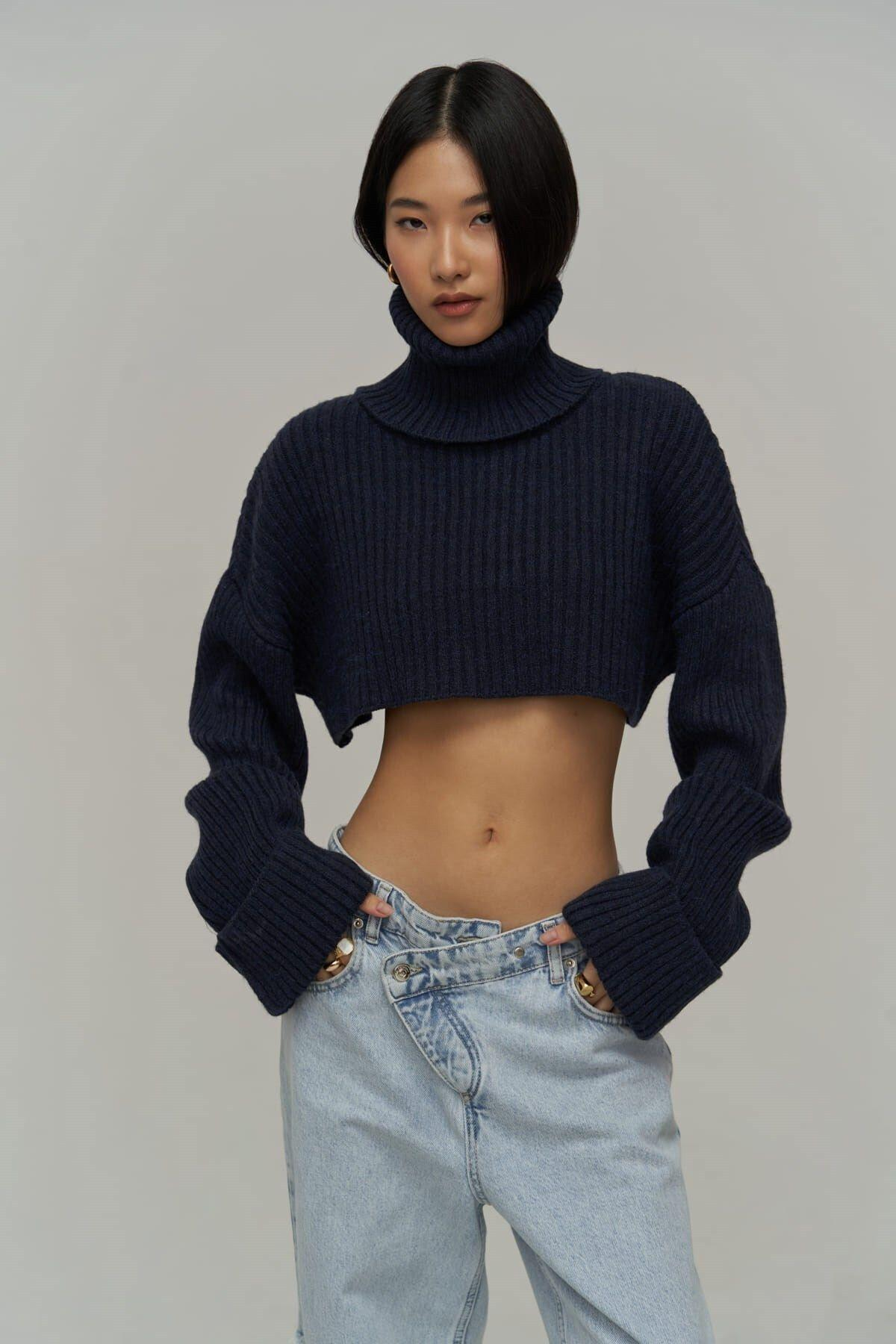Revue High Neck Dark Blue Crop Sweater