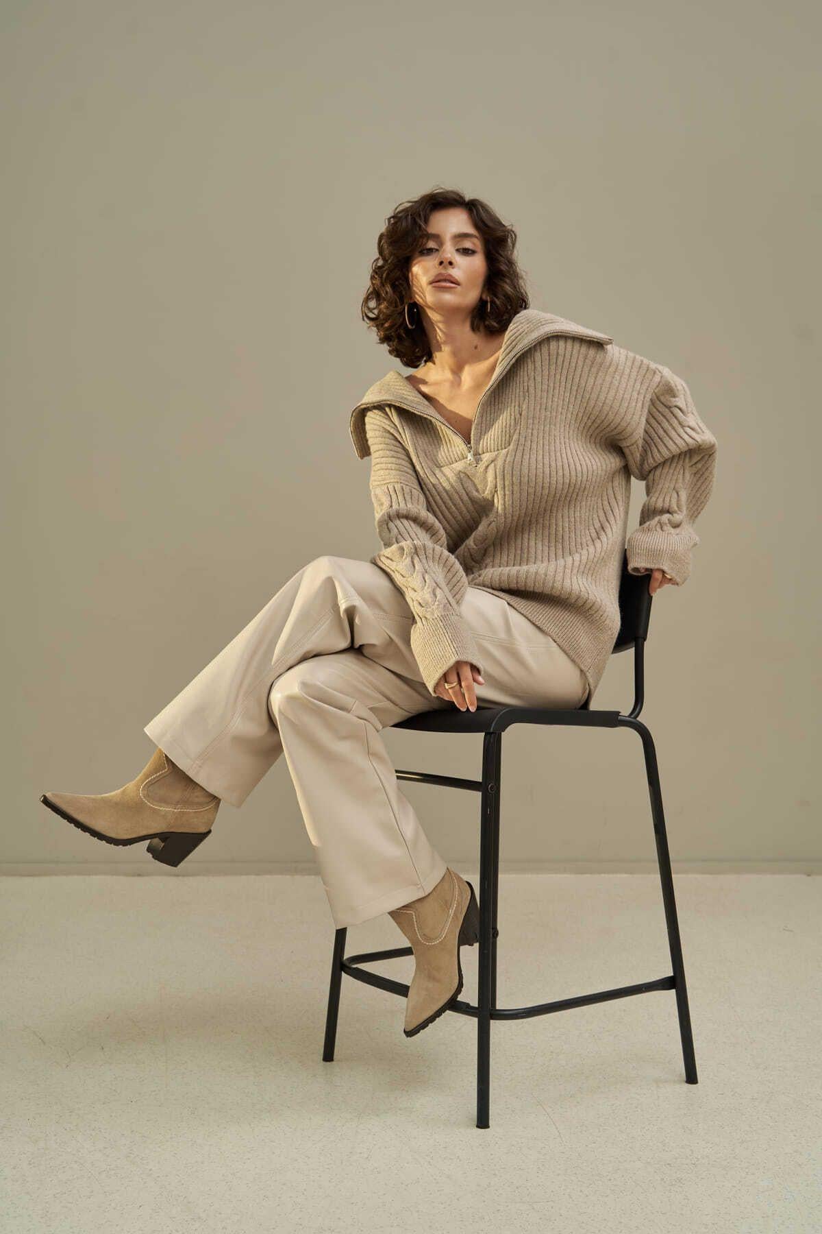 Rika Vizon Saç Örgü Fermuarlı Triko Kazak