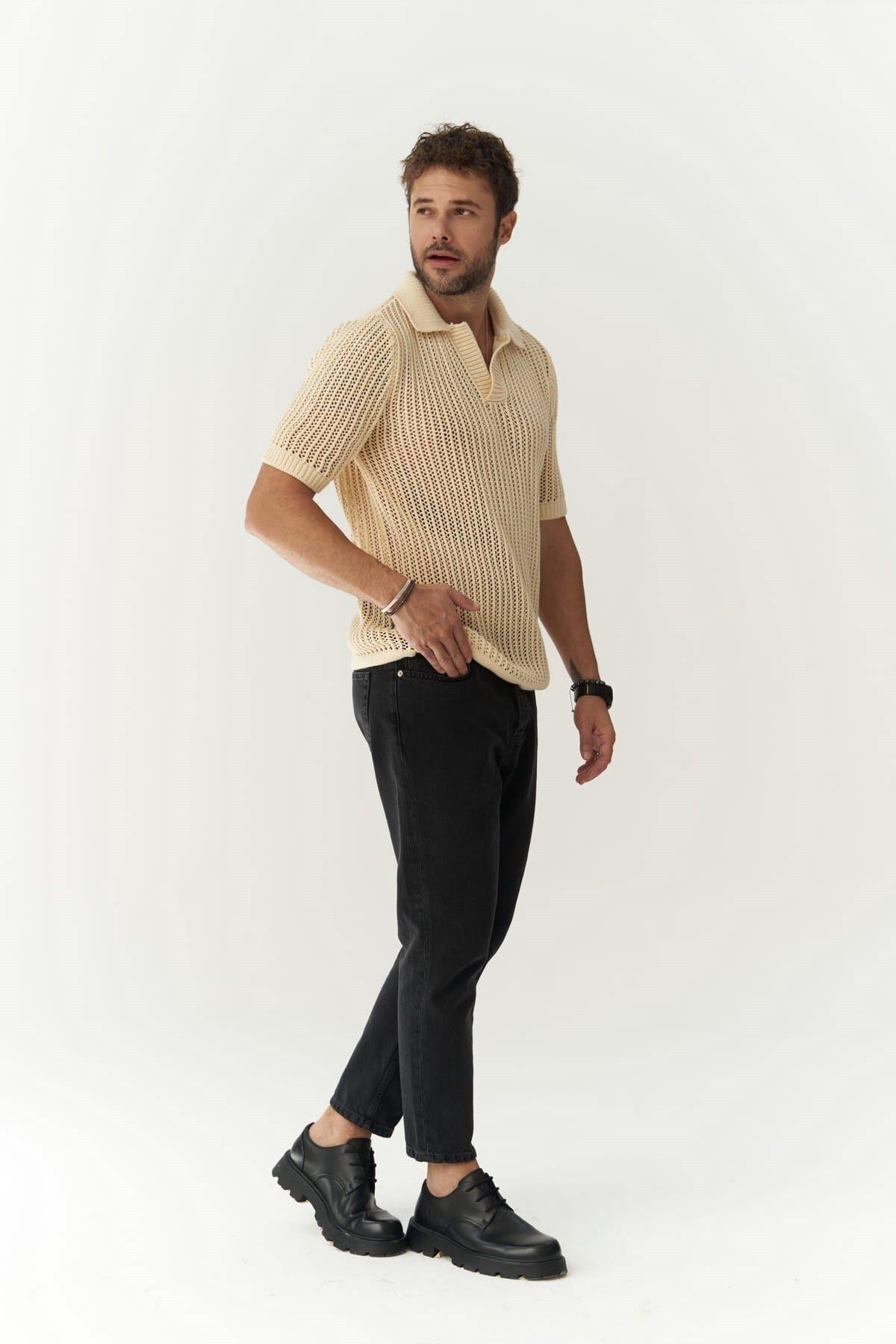 Robert Men's Polo Collar Beige Knit T-Shirt
