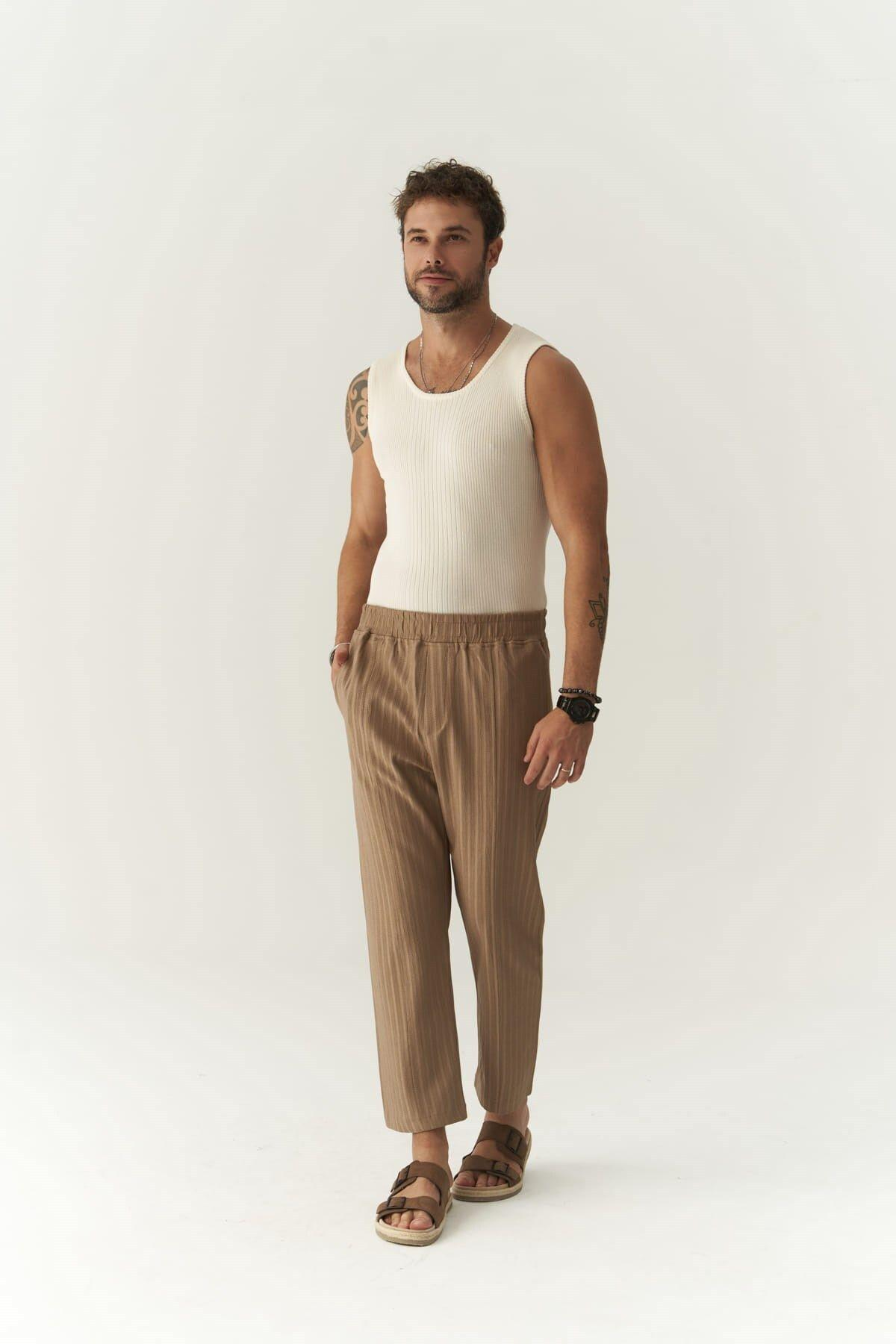 Robin Men's Rachel Knitted Fabric Light Brown Trousers
