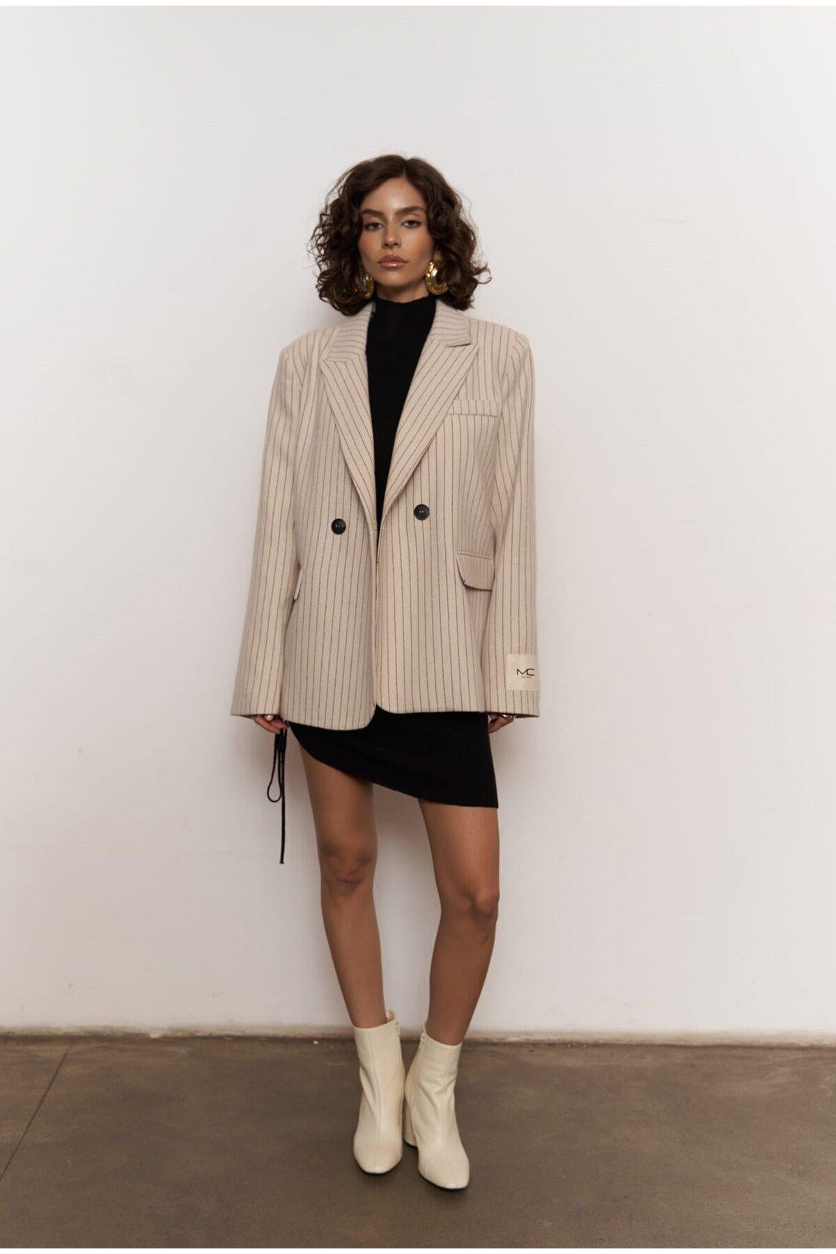 Rosalind Bej Çizgili Blazer Ceket