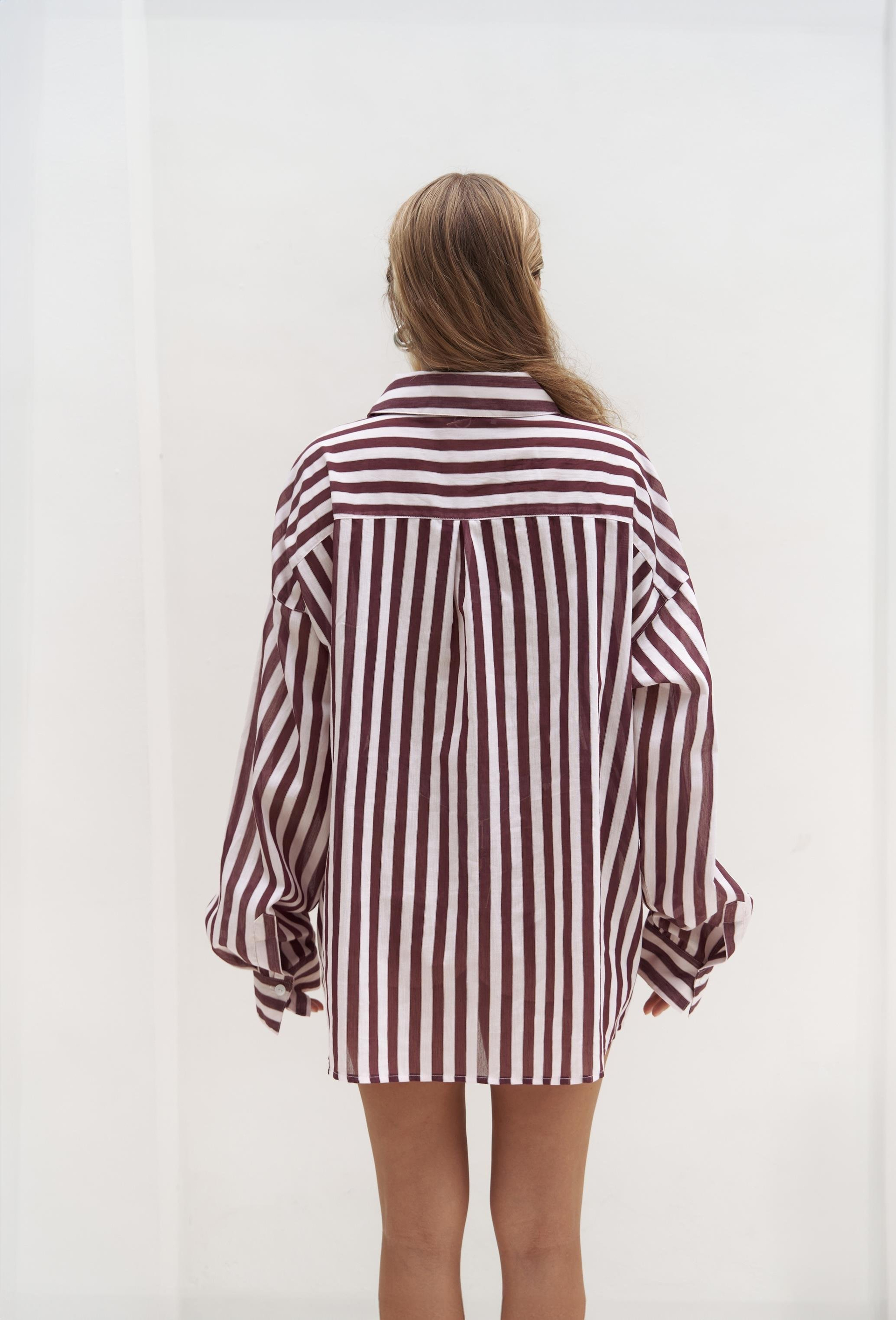 Rosy Transparan Çizgili Bordo Oversize Gömlek