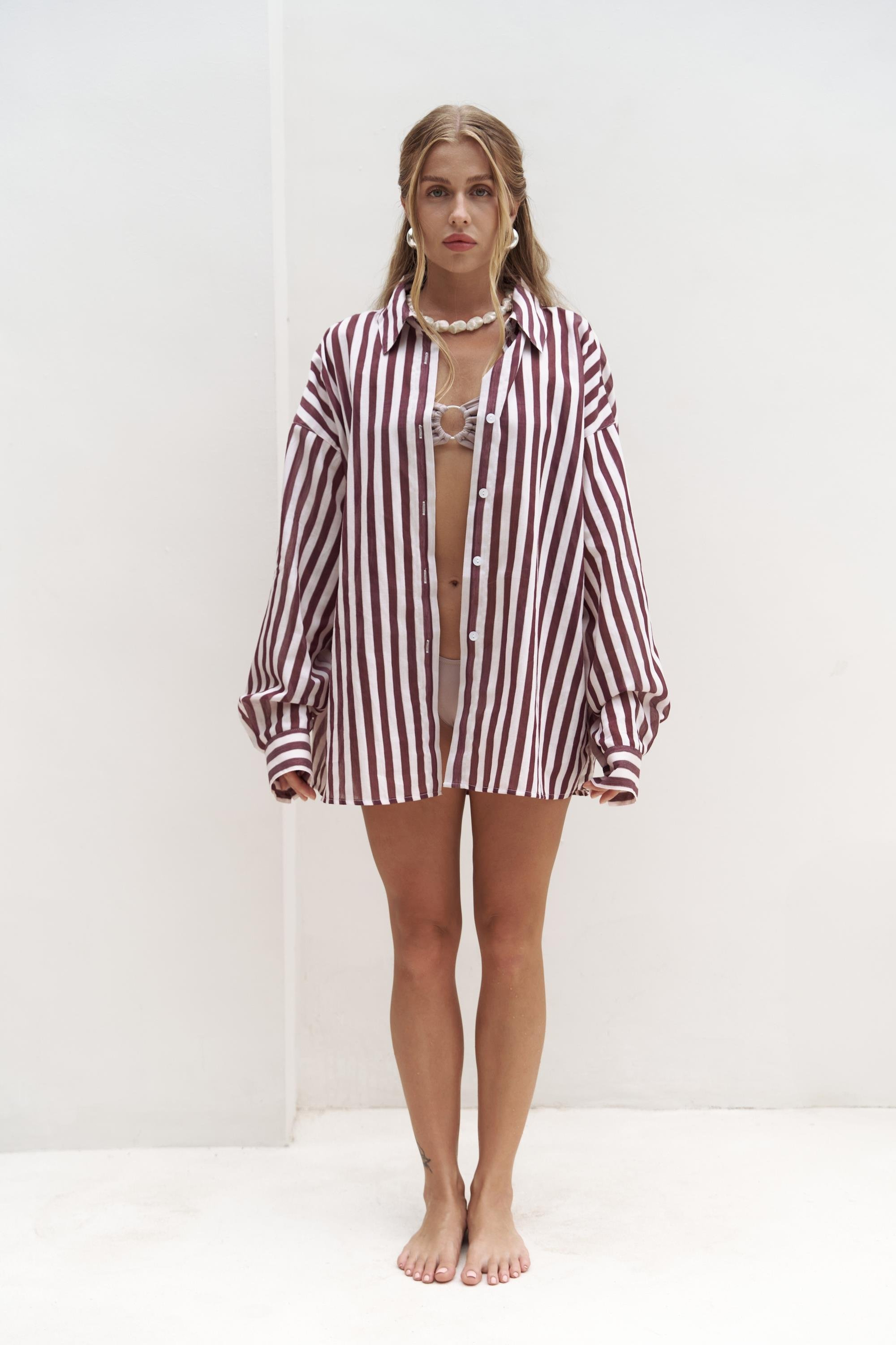 Rosy Transparan Çizgili Bordo Oversize Gömlek