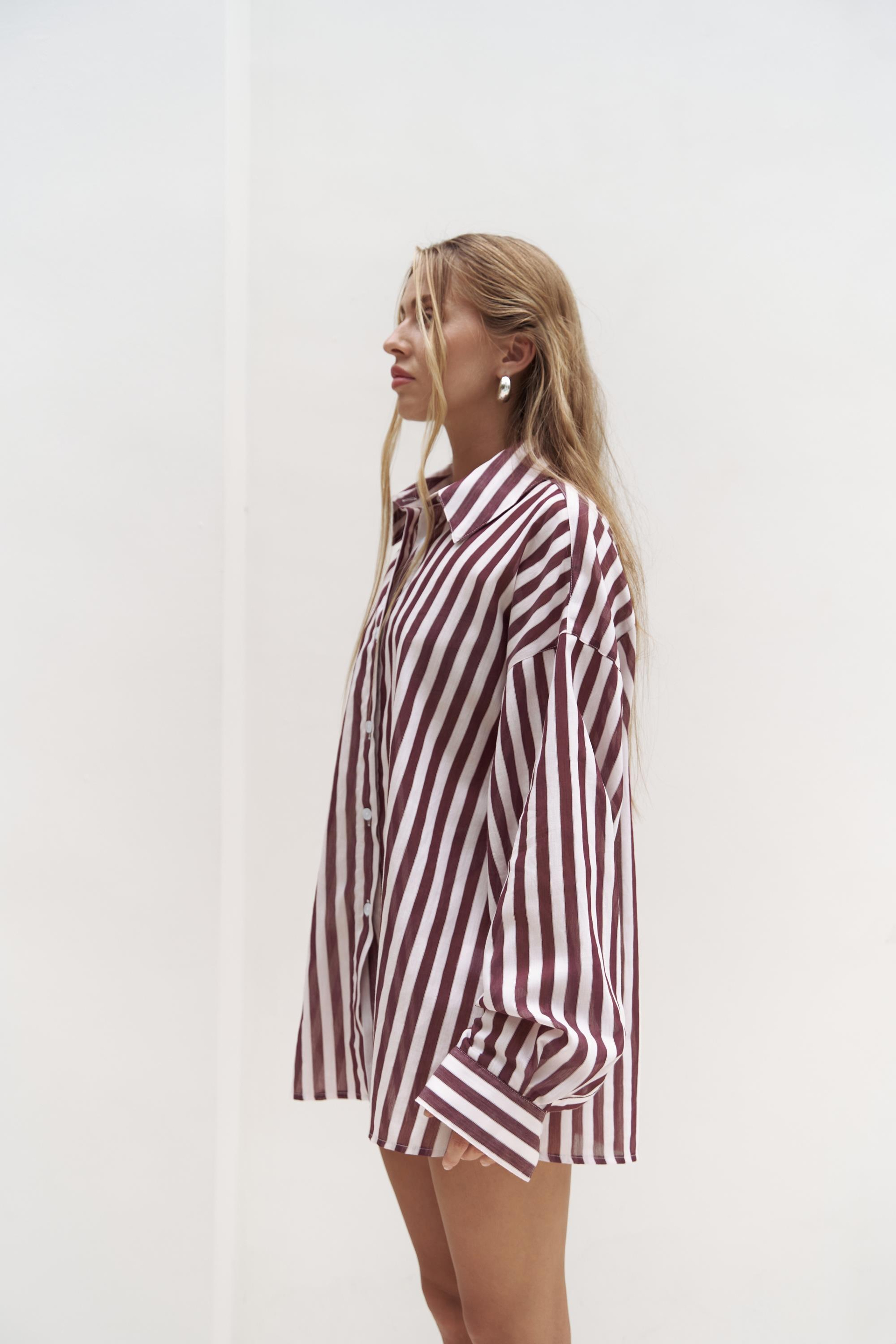 Rosy Transparan Çizgili Bordo Oversize Gömlek