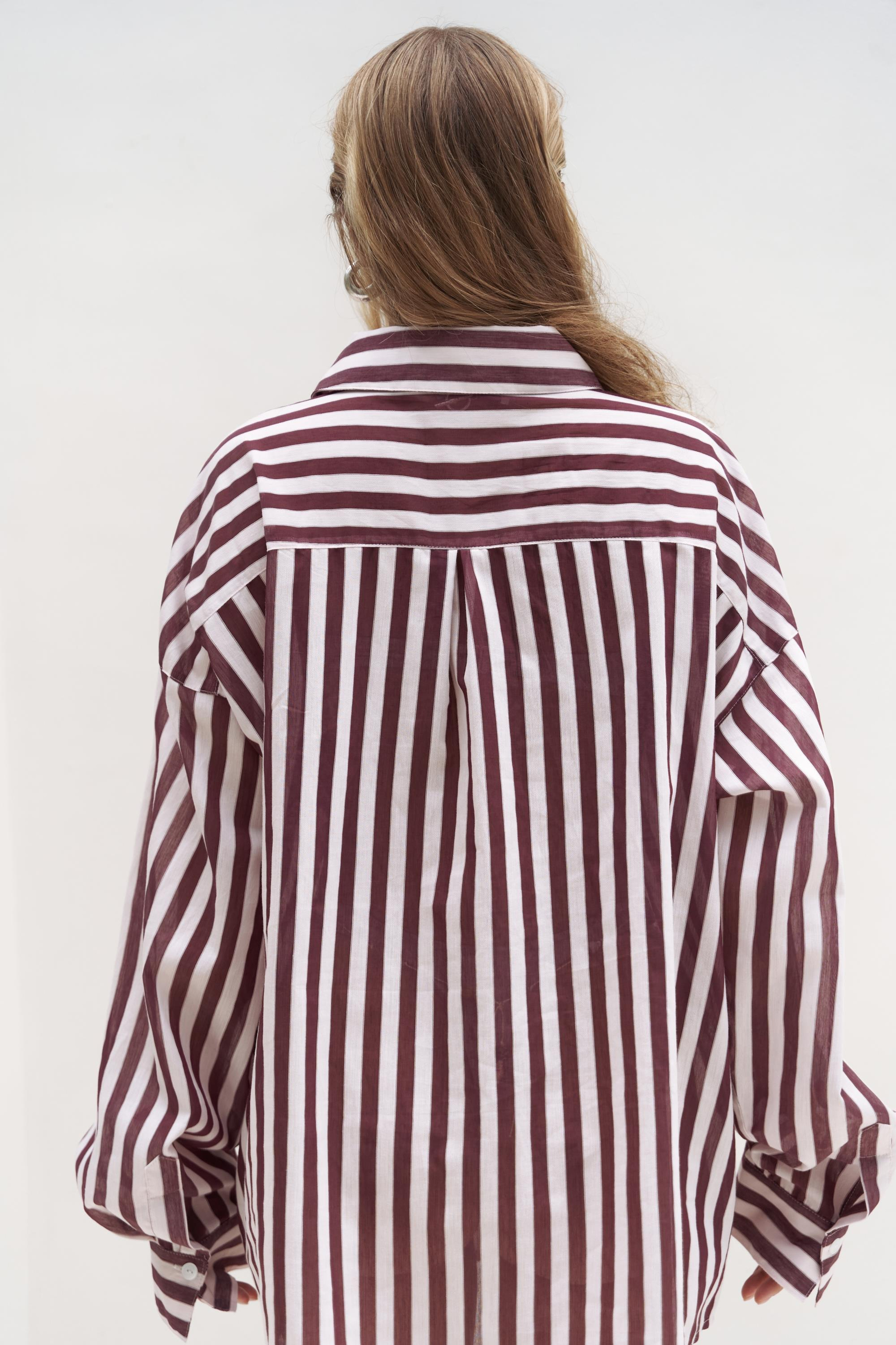 Rosy Transparan Çizgili Bordo Oversize Gömlek