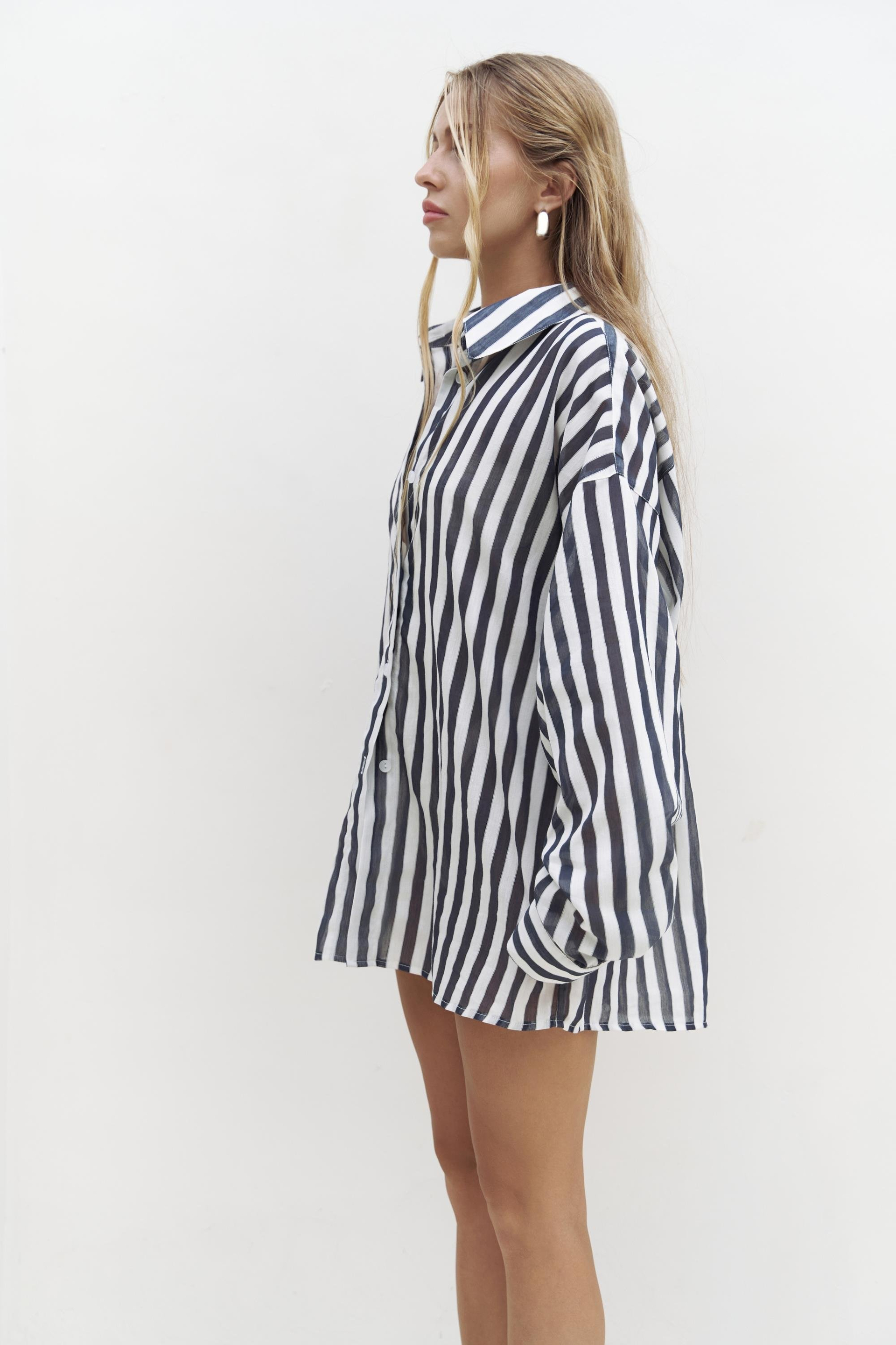 Rosy Transparan Çizgili Lacivert Oversize Gömlek