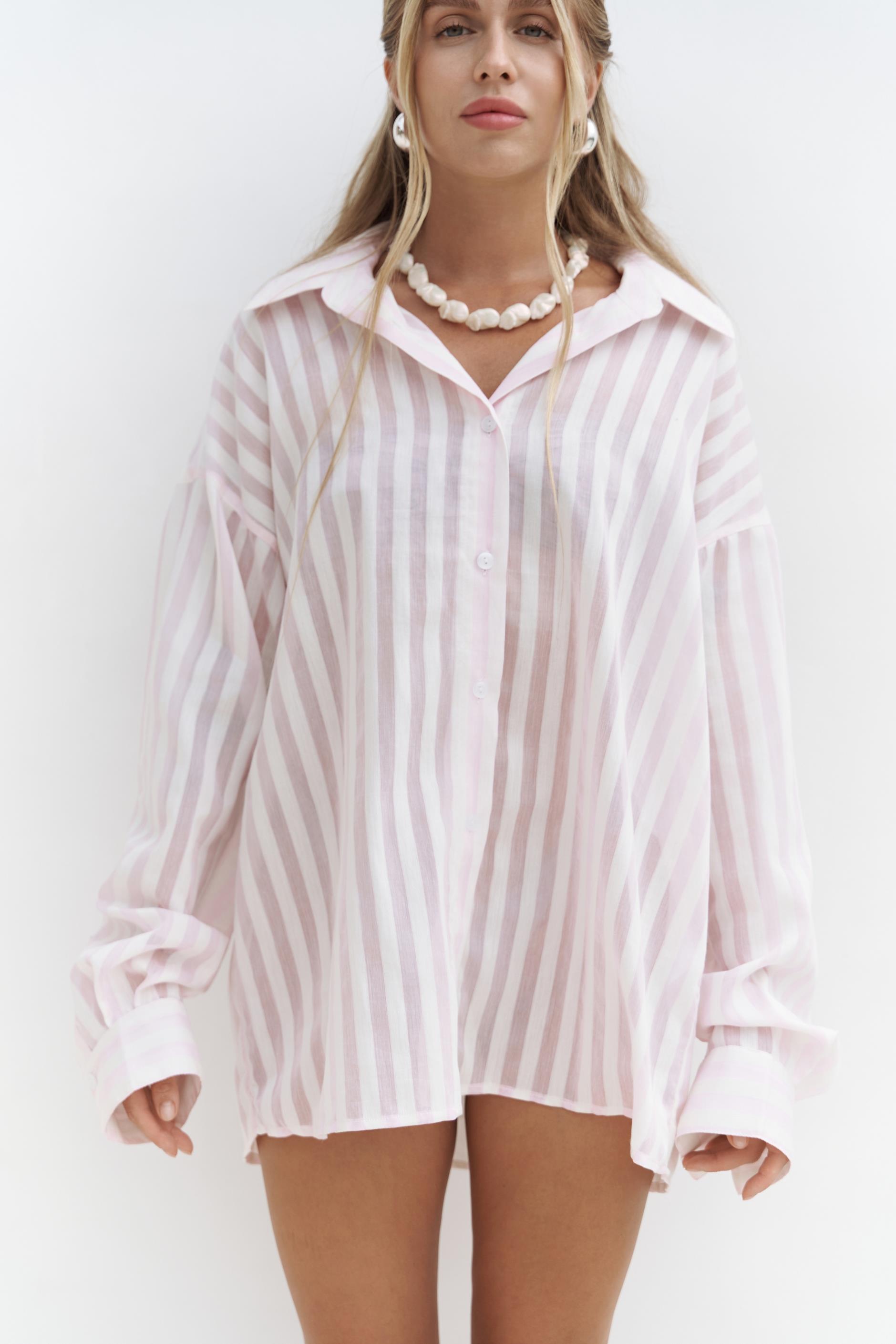 Rosy Transparan Çizgili Oversize Gömlek - PEMBE