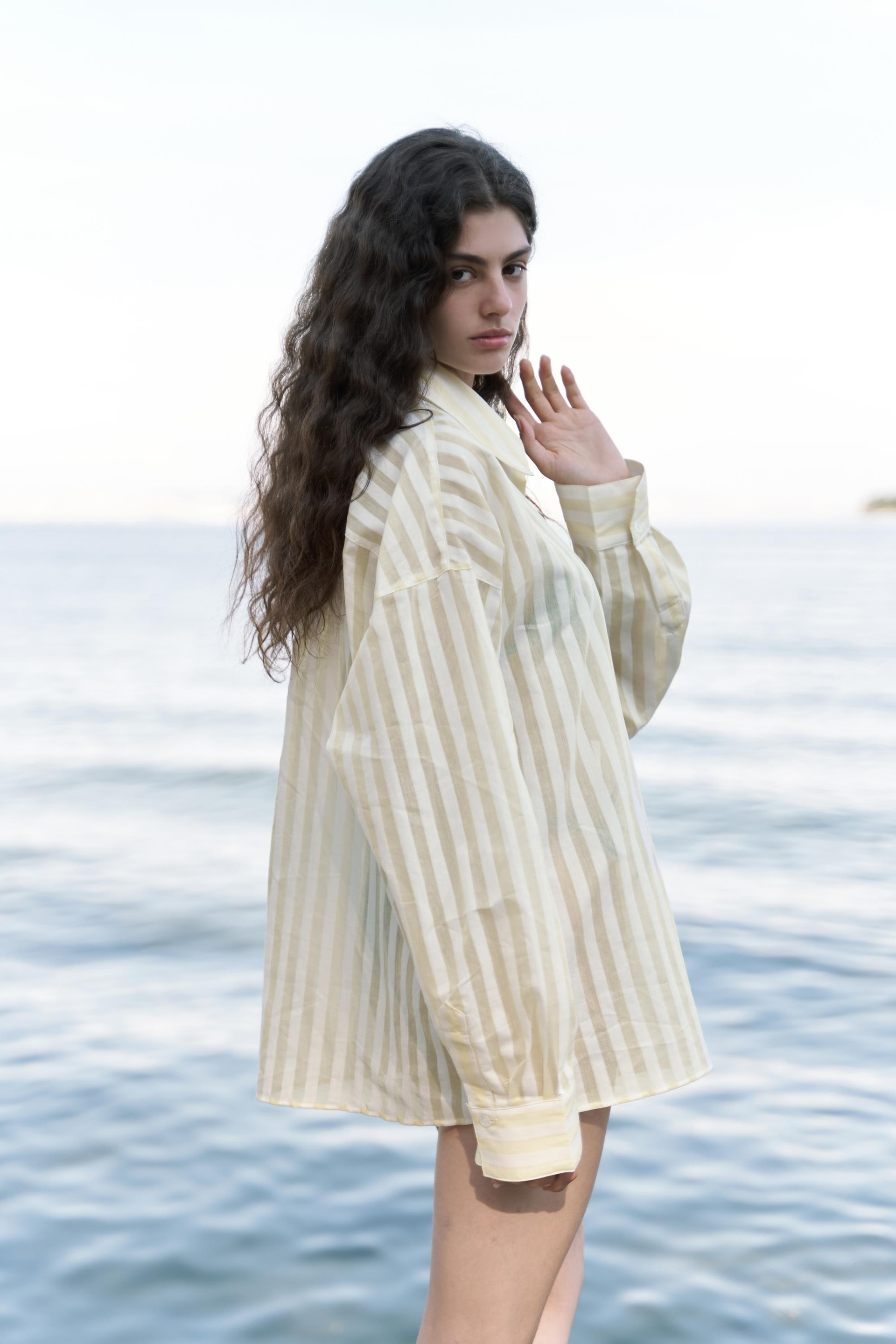 Rosy Transparan Çizgili Sarı Oversize Gömlek