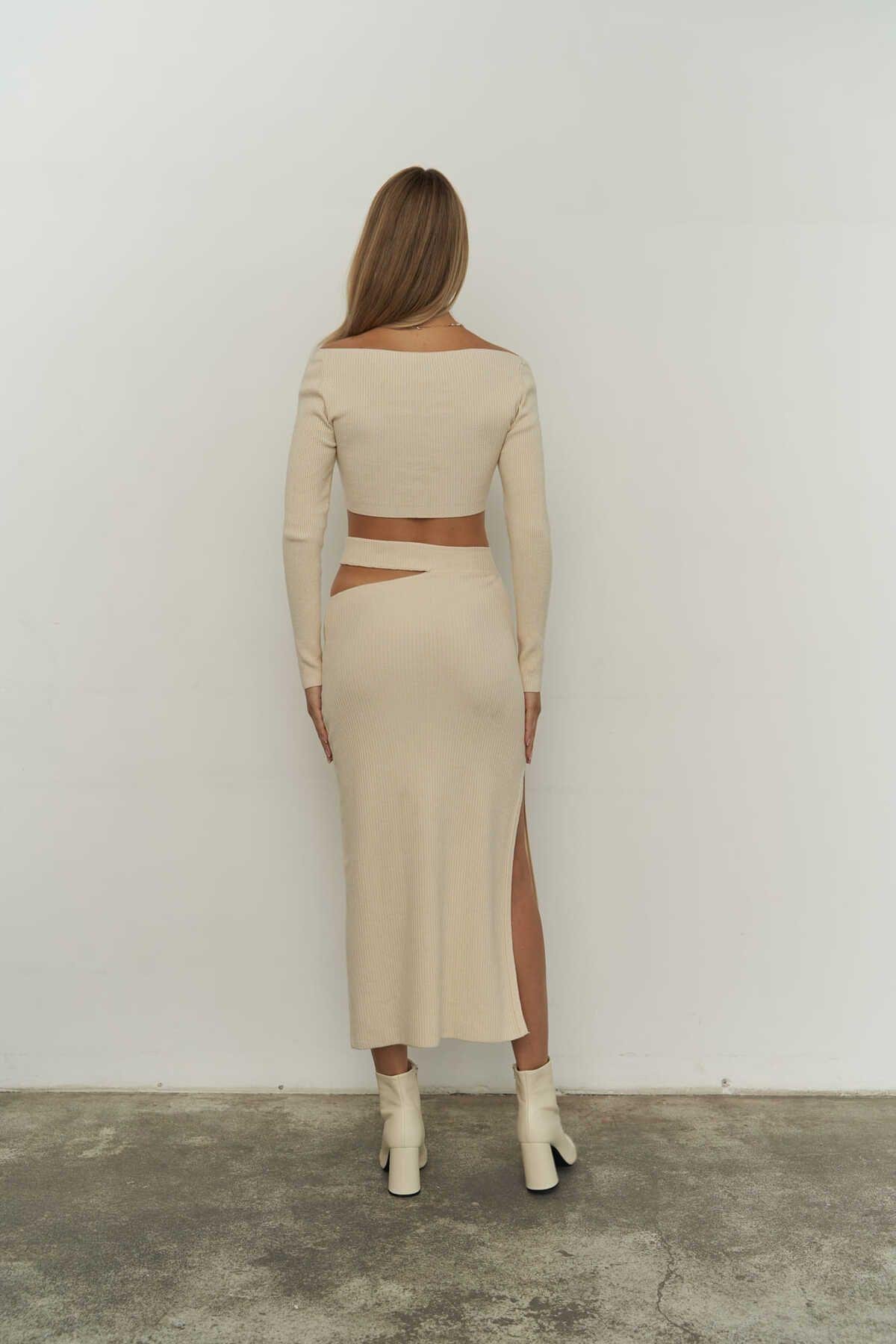 Sabrina Bej Triko Etek-crop Takım