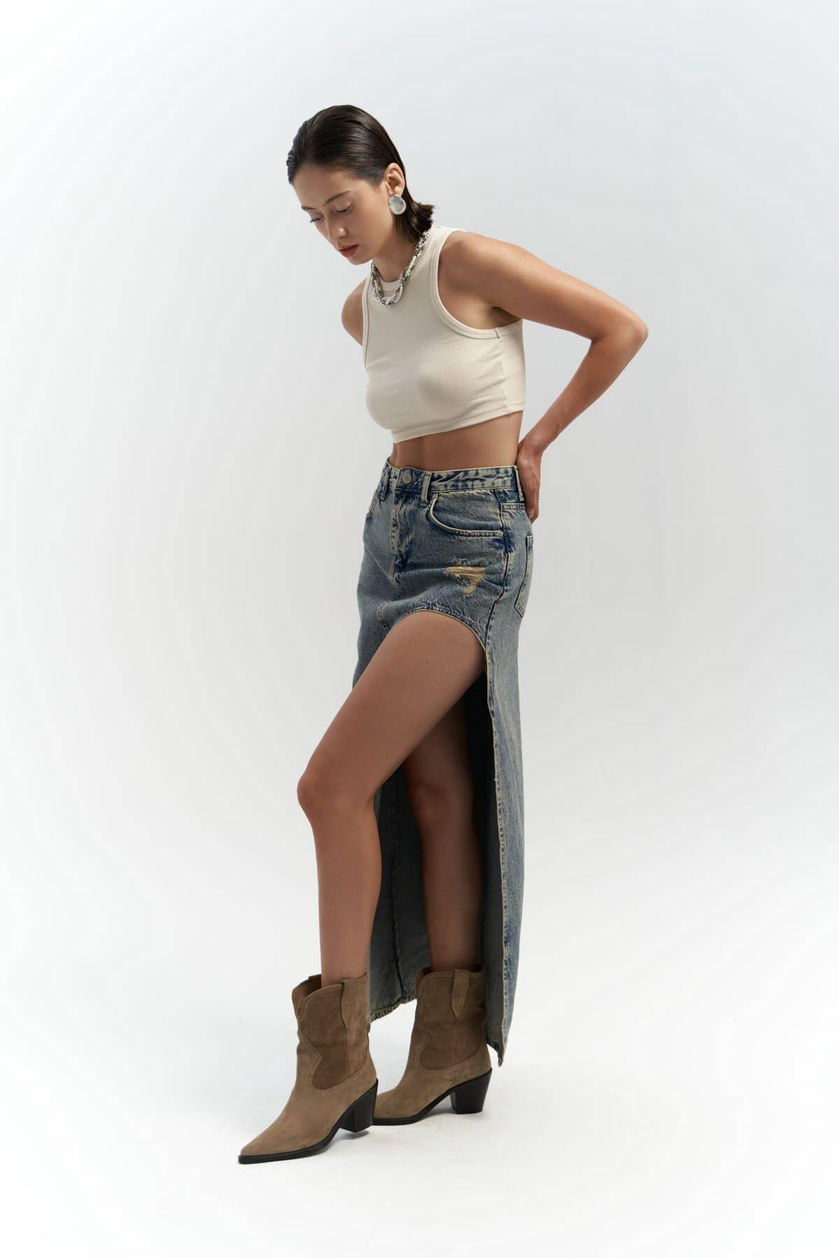 Sasha Dirty Blue Slit Denim Skirt