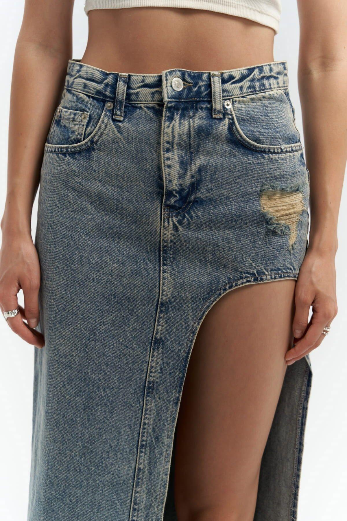 Sasha Dirty Blue Slit Denim Skirt