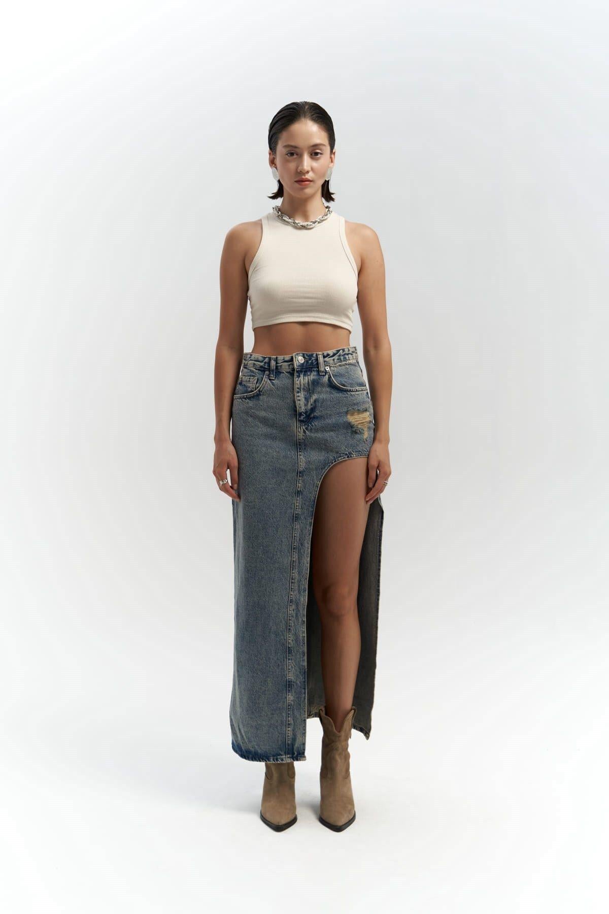 Sasha Dirty Blue Slit Denim Skirt