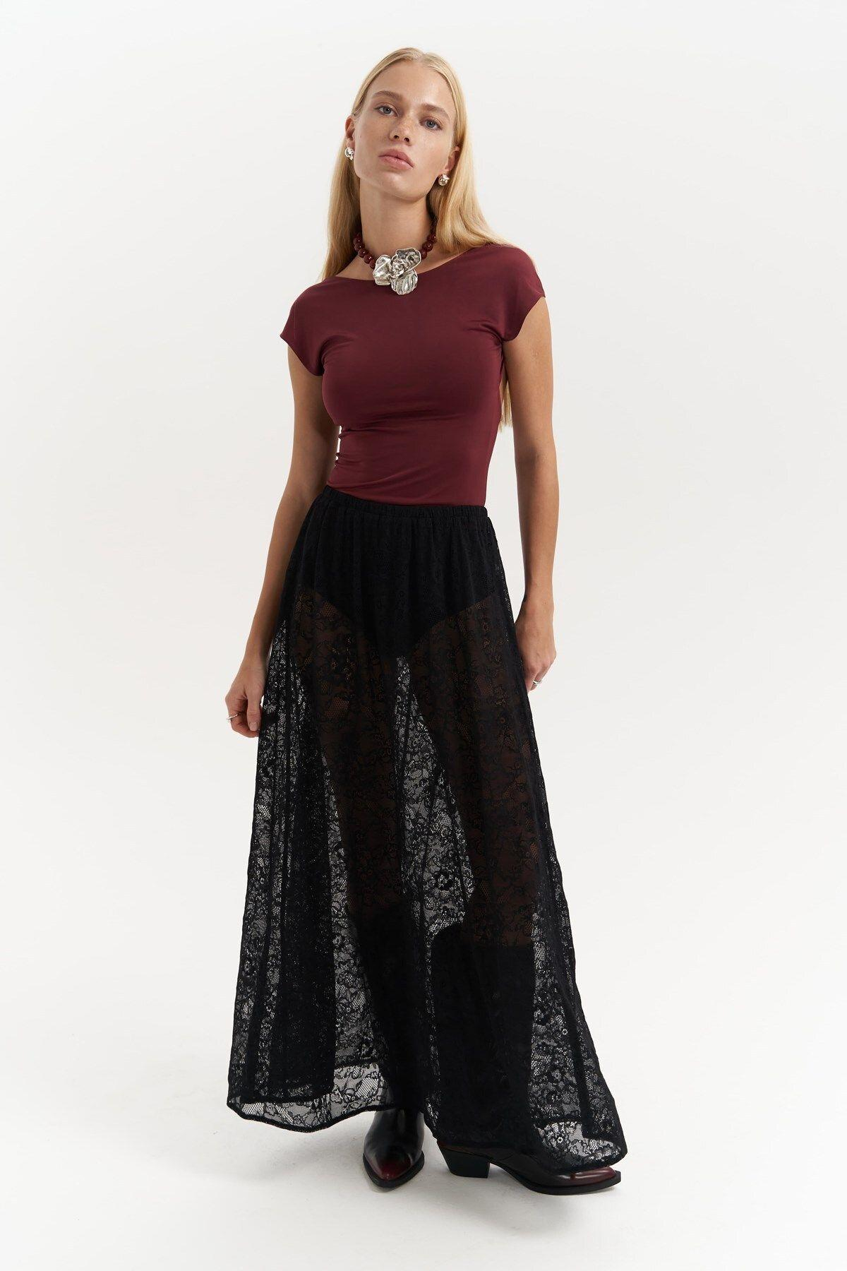 Seena Black Long Lace Skirt