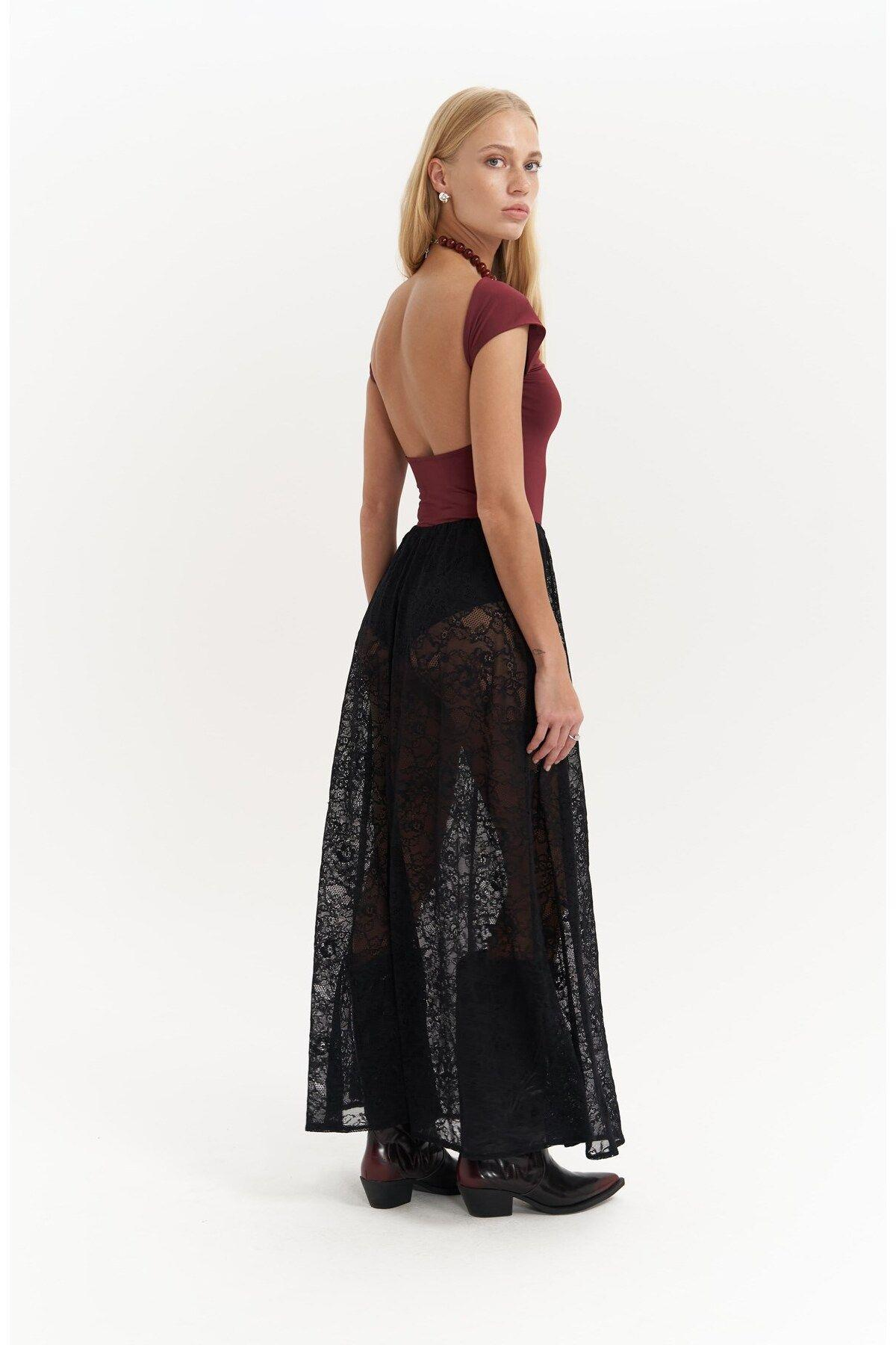 Seena Black Long Lace Skirt