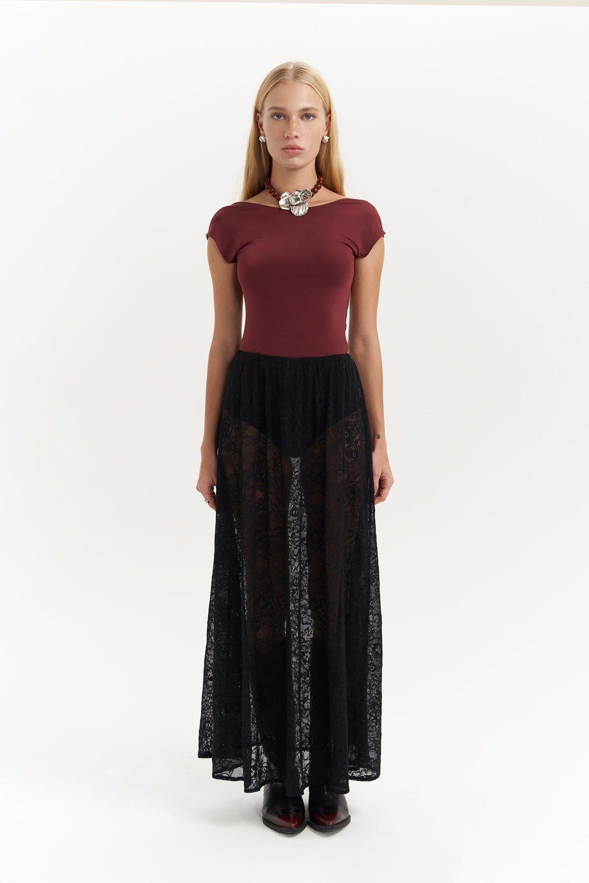 Seena Black Long Lace Skirt
