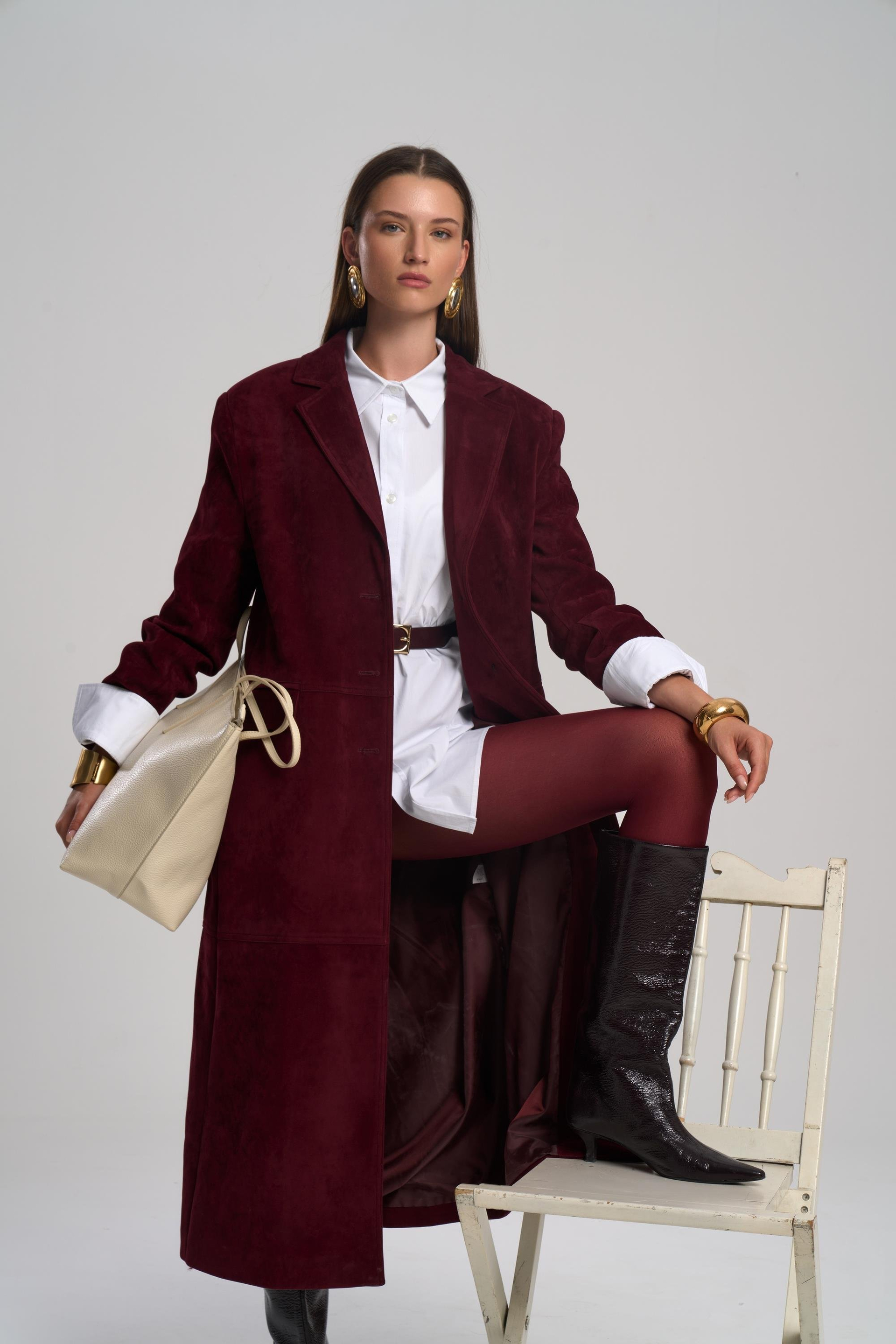 Selva Masculine Uzun Bordo Trençkot