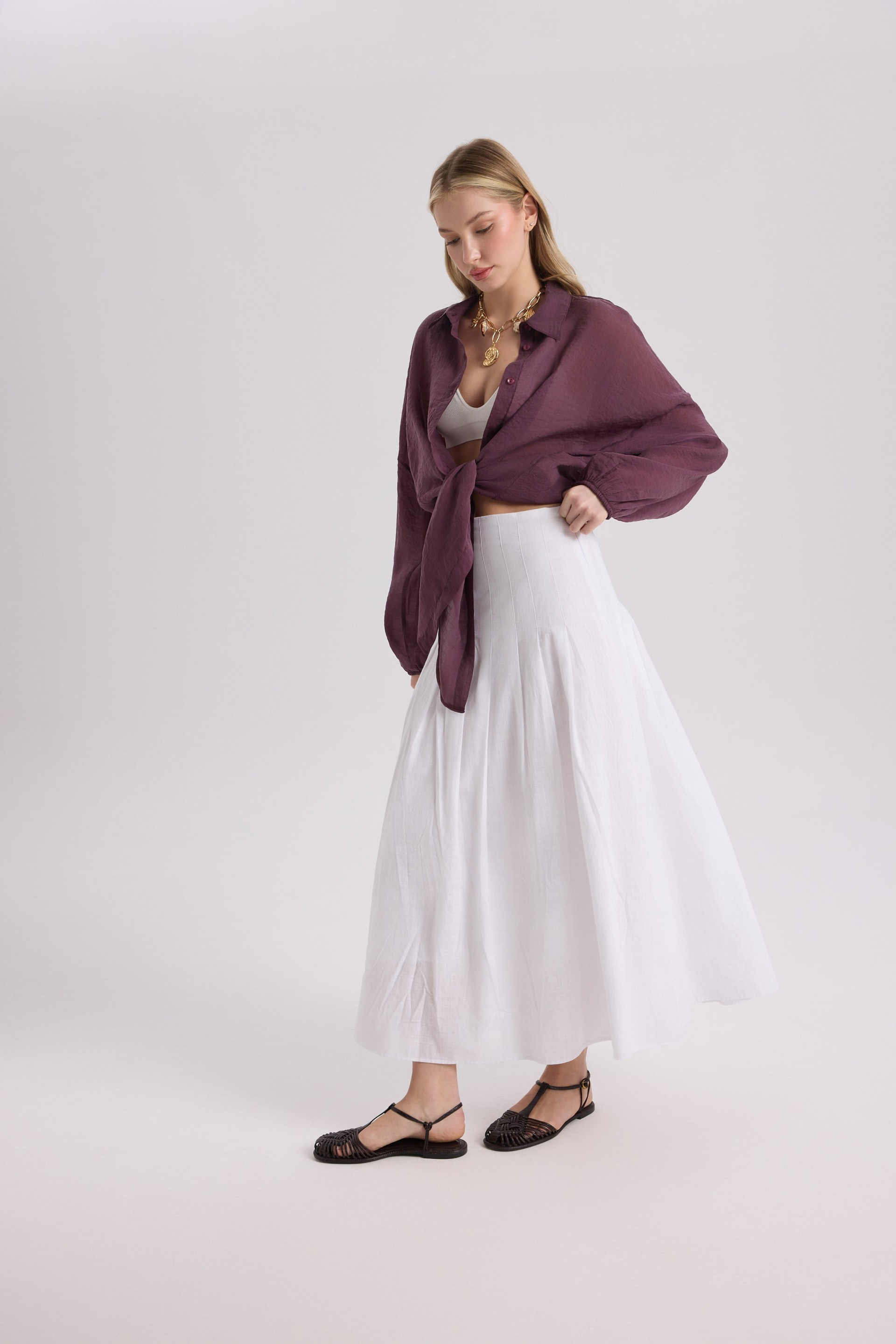 Sera Pleated Detail White Long Skirt