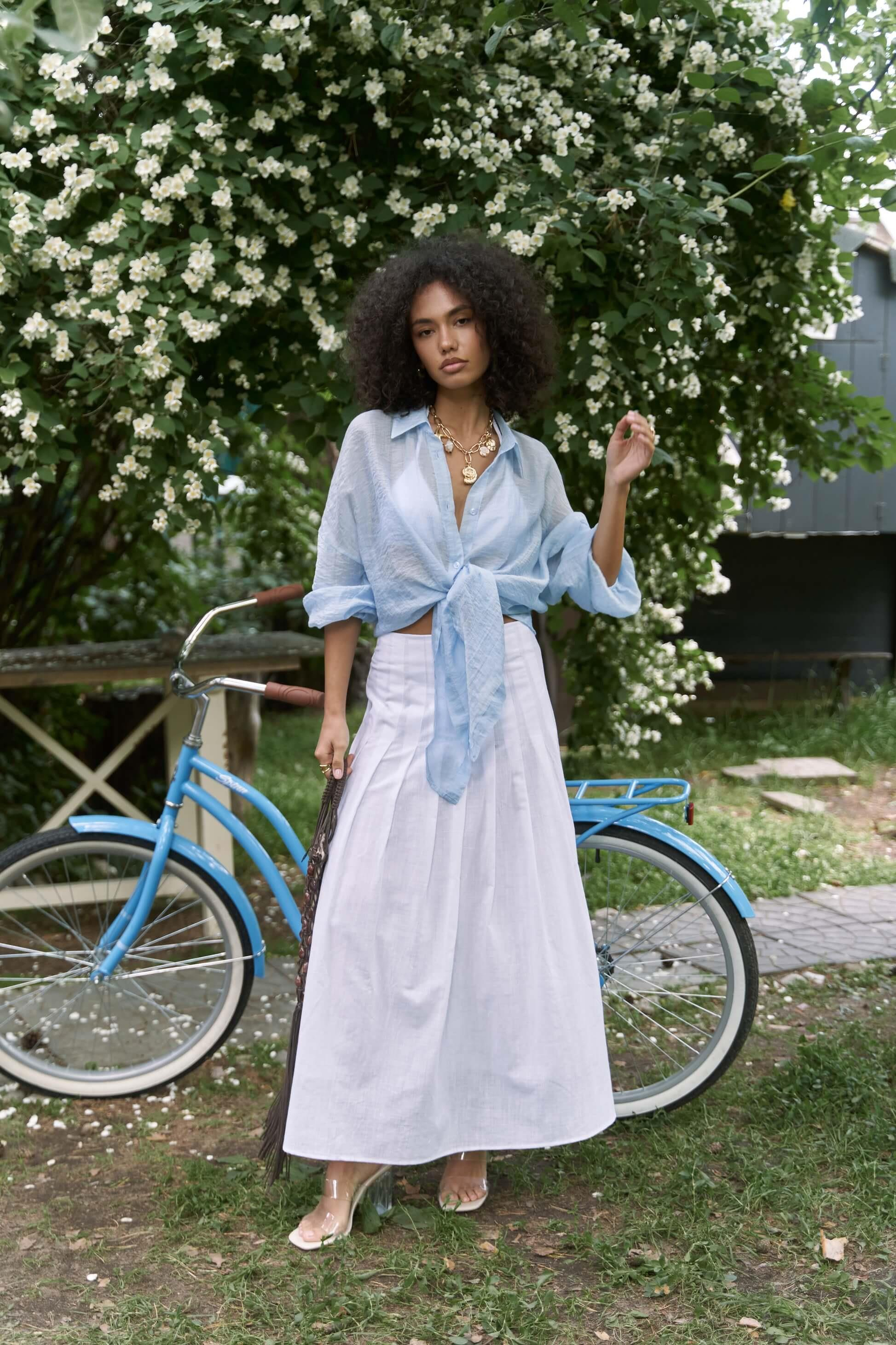 Sera Pile Detay Beyaz Uzun Etek