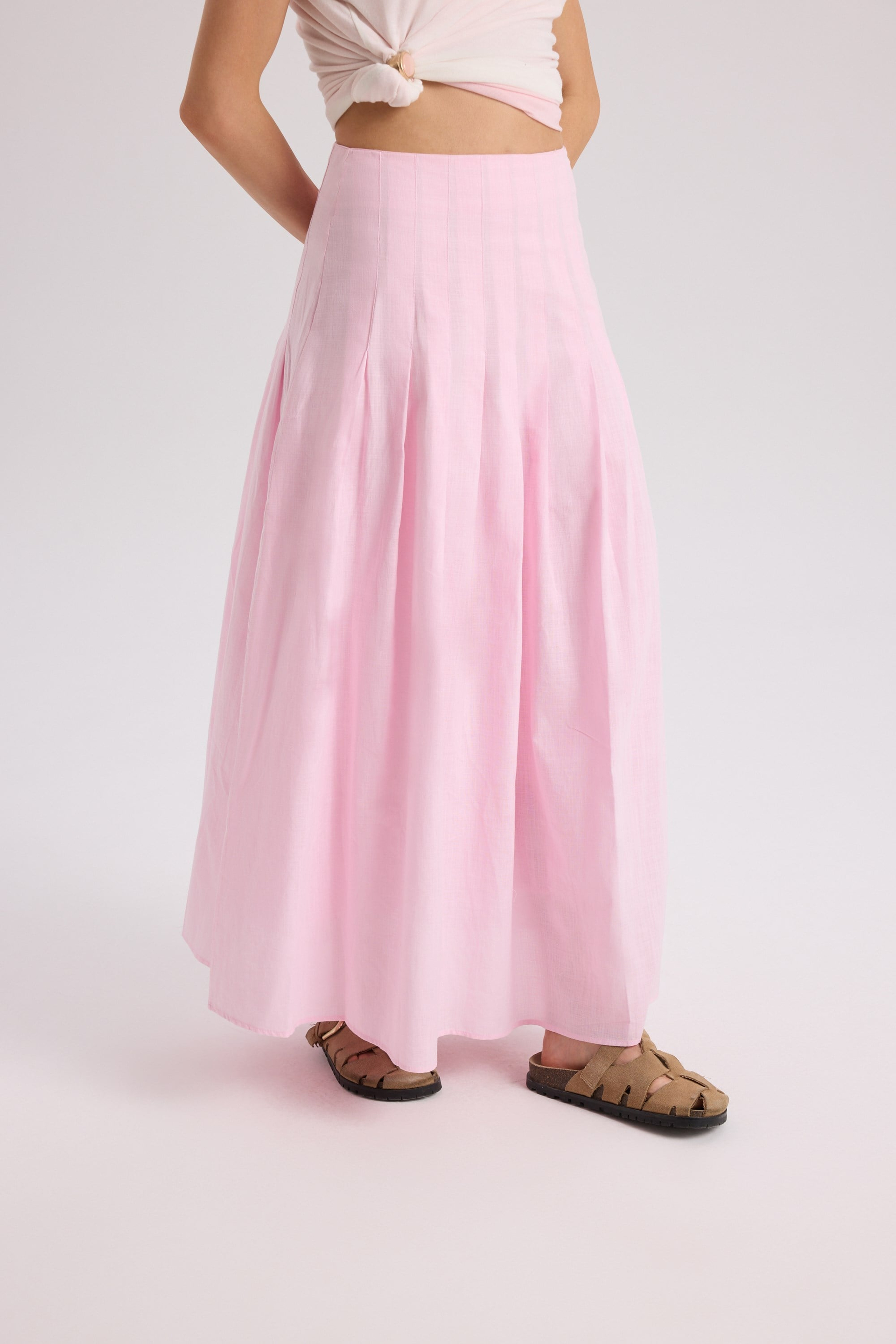 Sera Pleated Detail Pink Long Skirt