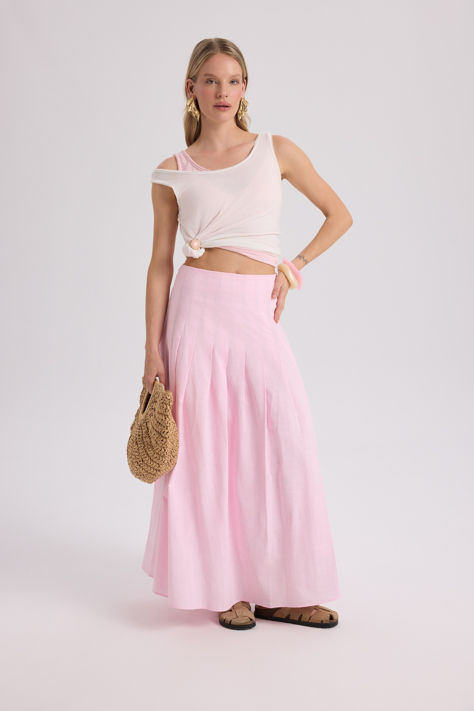 Sera Pleated Detail Pink Long Skirt