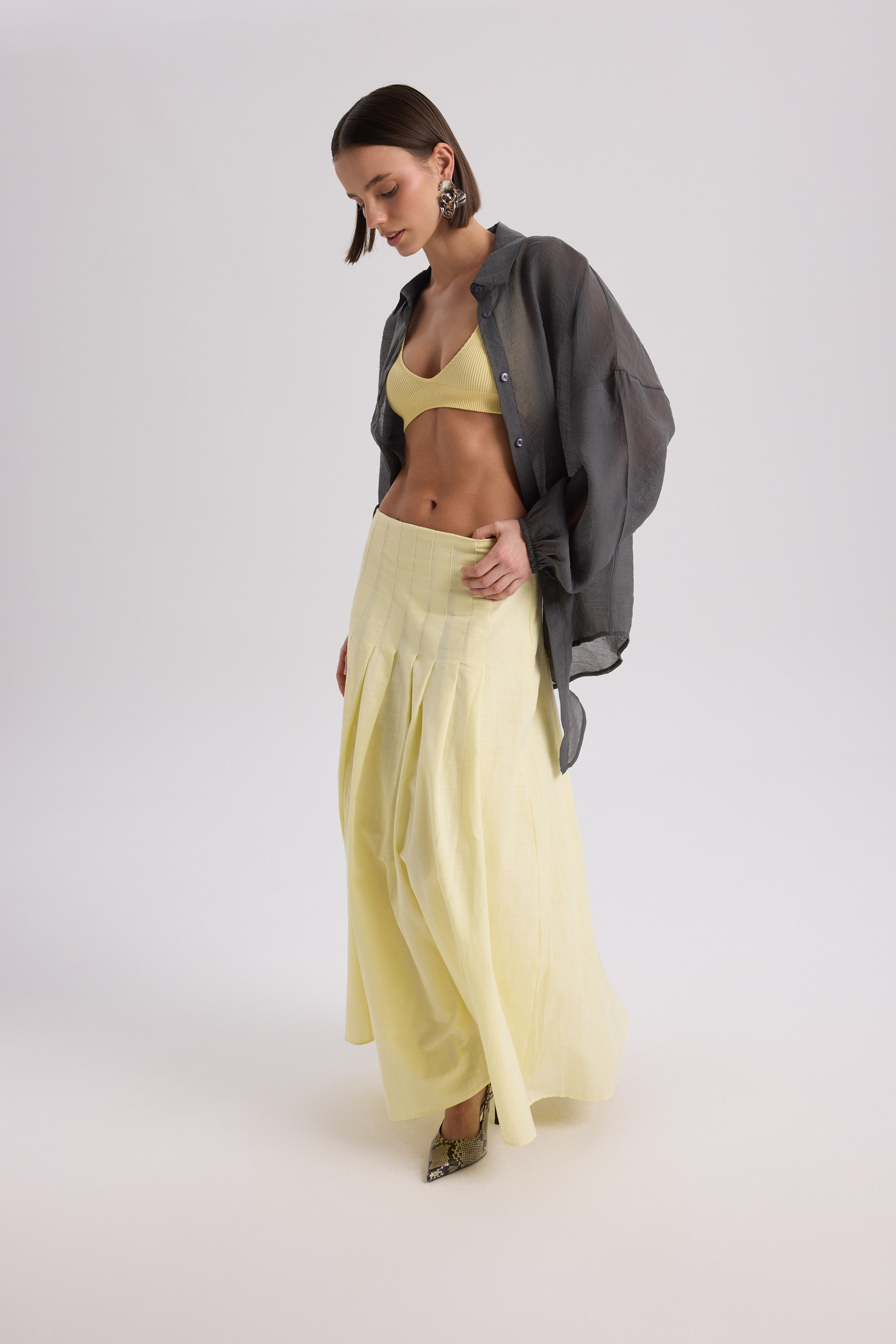 Sera Pleated Detail Yellow Long Skirt