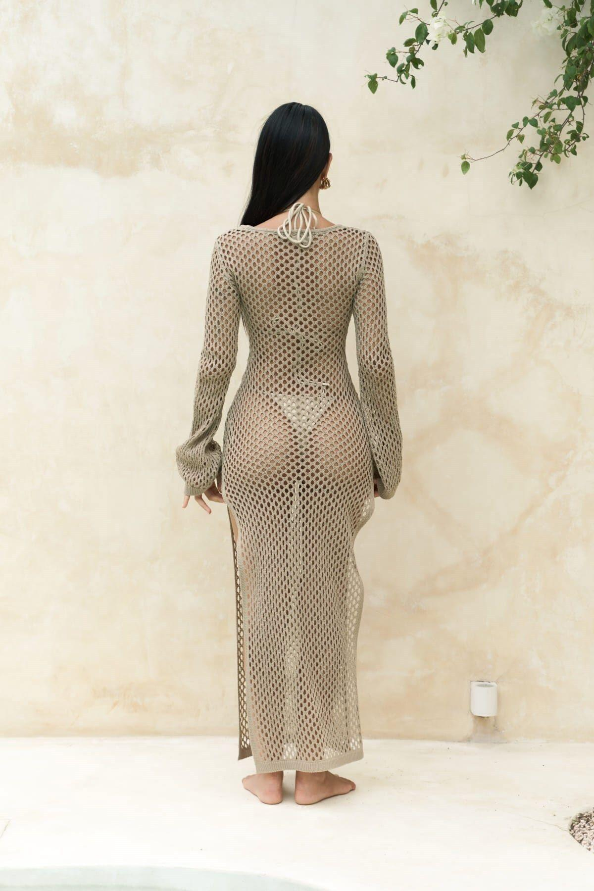 Seyşeller Brown Knit Dress with Wooden Ring