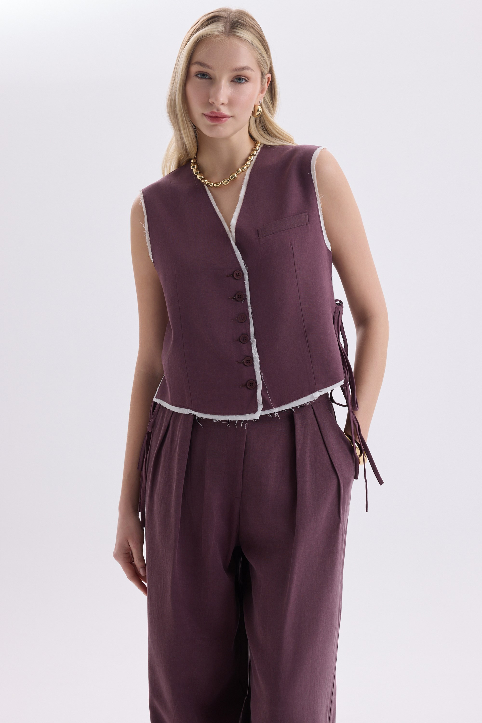 Shonas Lace-Up Detail Burgundy Vest Pants Set